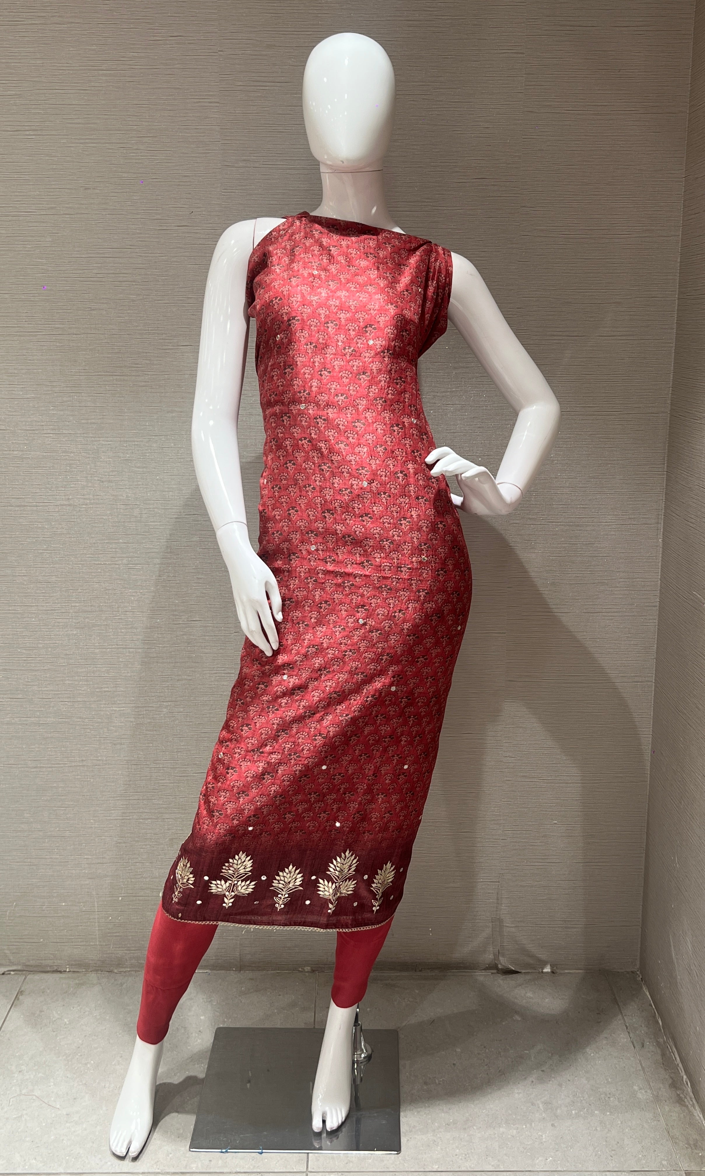 Wine Block Print Dress Material