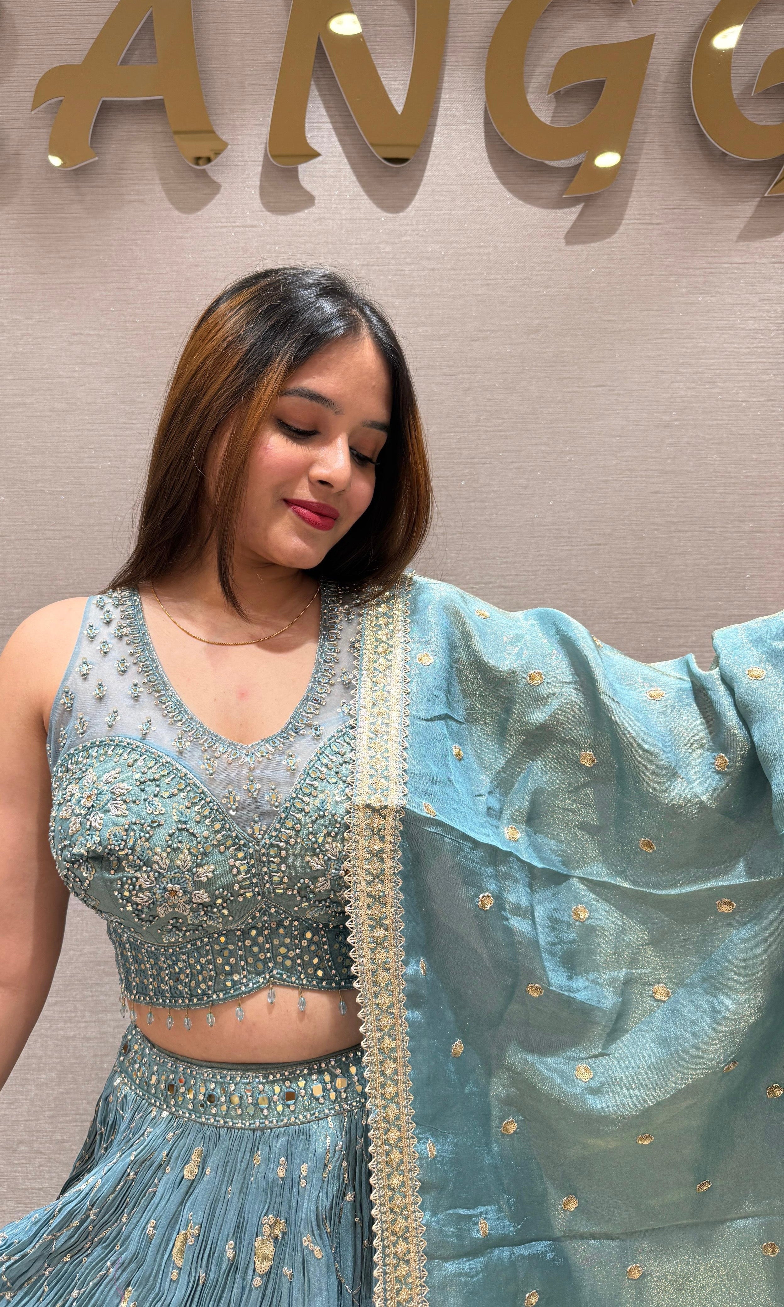 Blue tissue gold embroidered lehenga