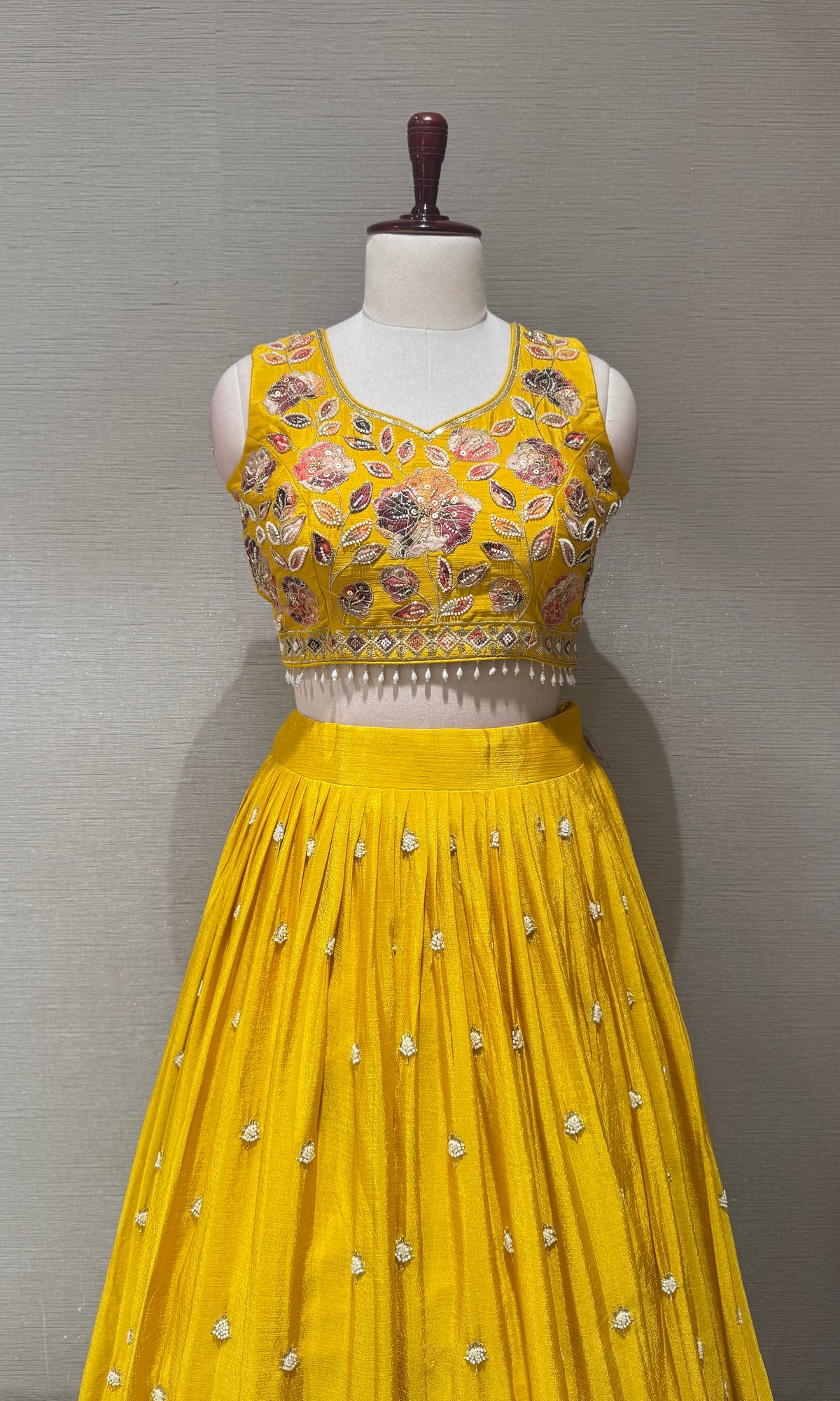 yellow Tissue silk Multi Floral Crop Top Lehenga set