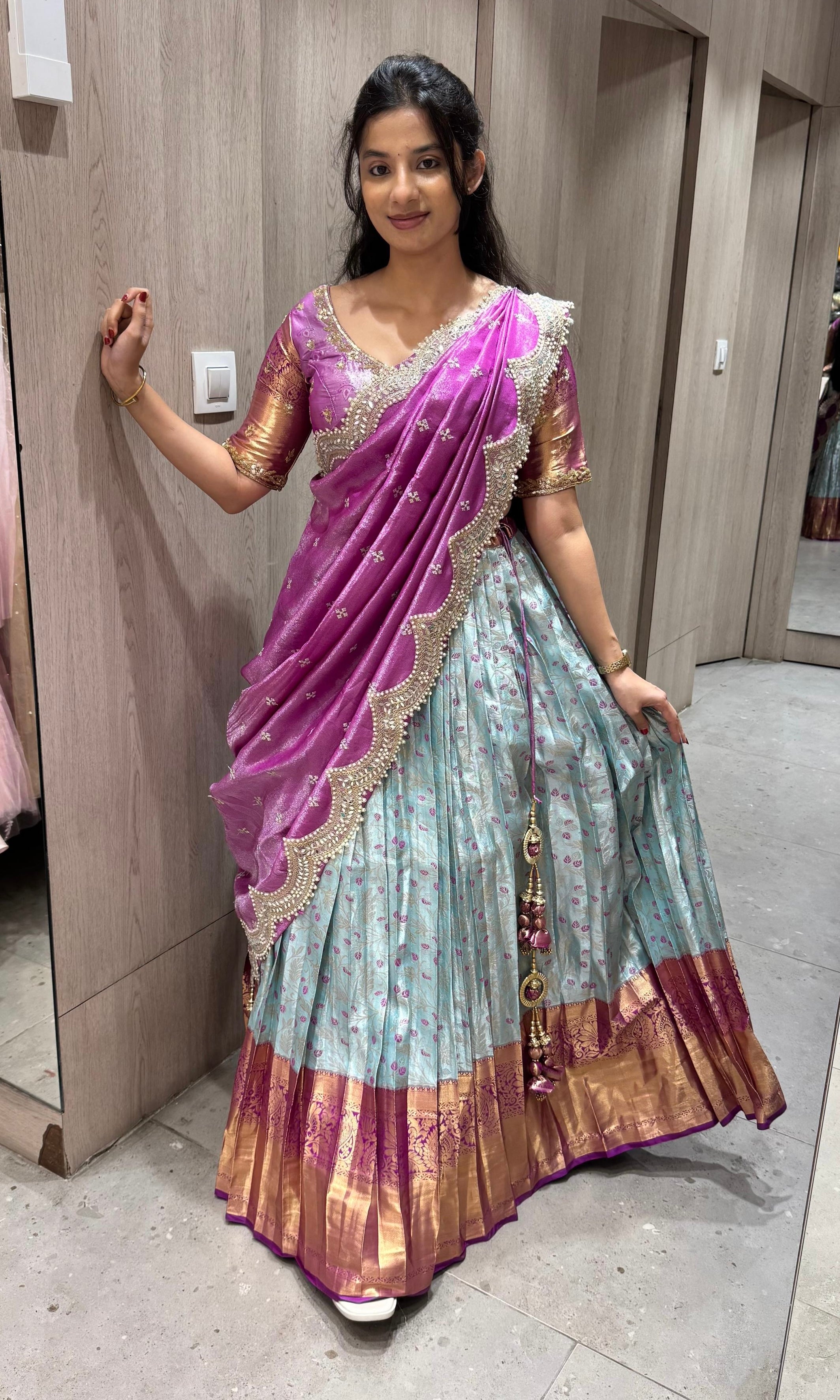 Ice blue And purple pink pattu half saree