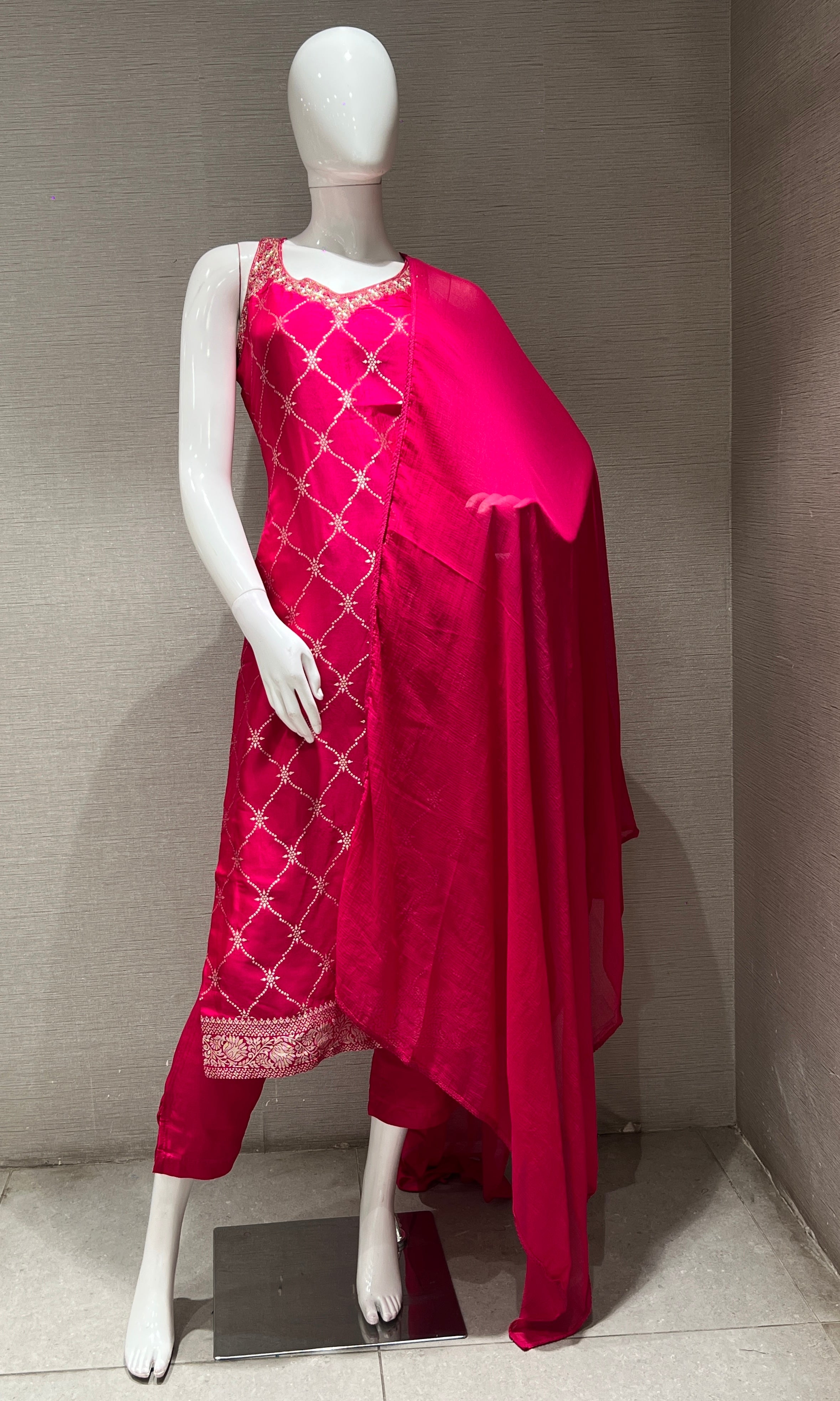 pink embroidered kurta set with a dupatta
