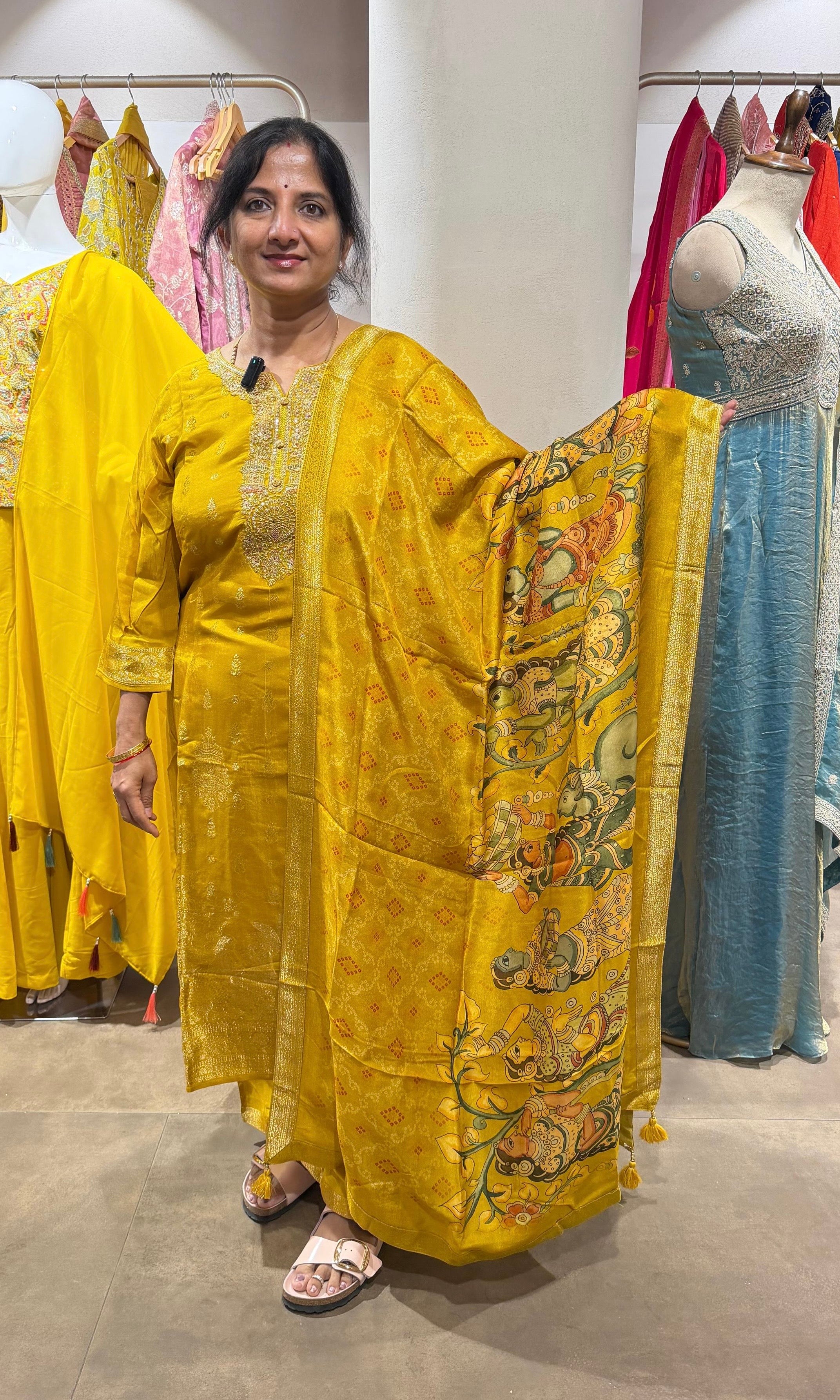 Mustard embroidered kurta set with printed dupatta