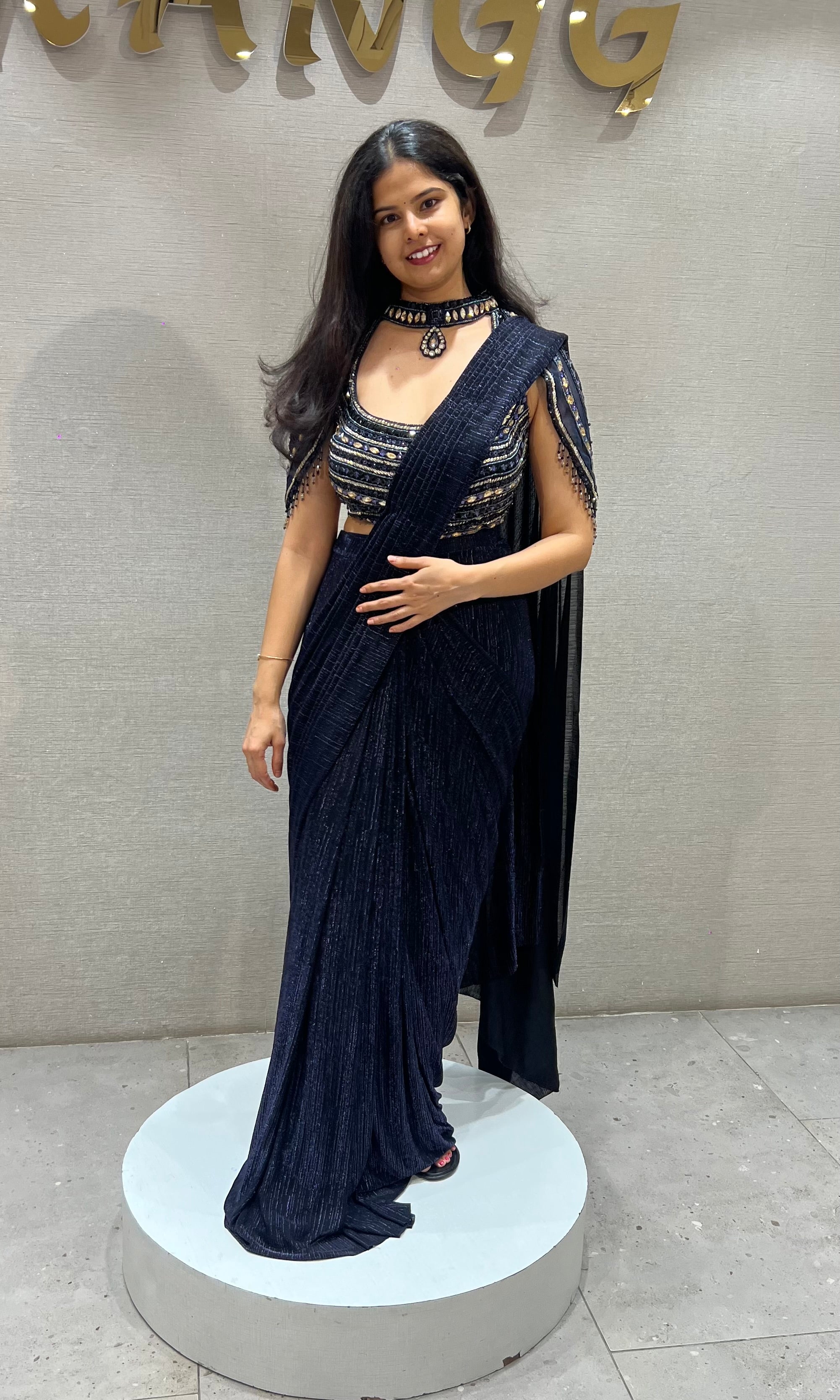 Blue Shimmer Drape Saree with Embroidered Blouse