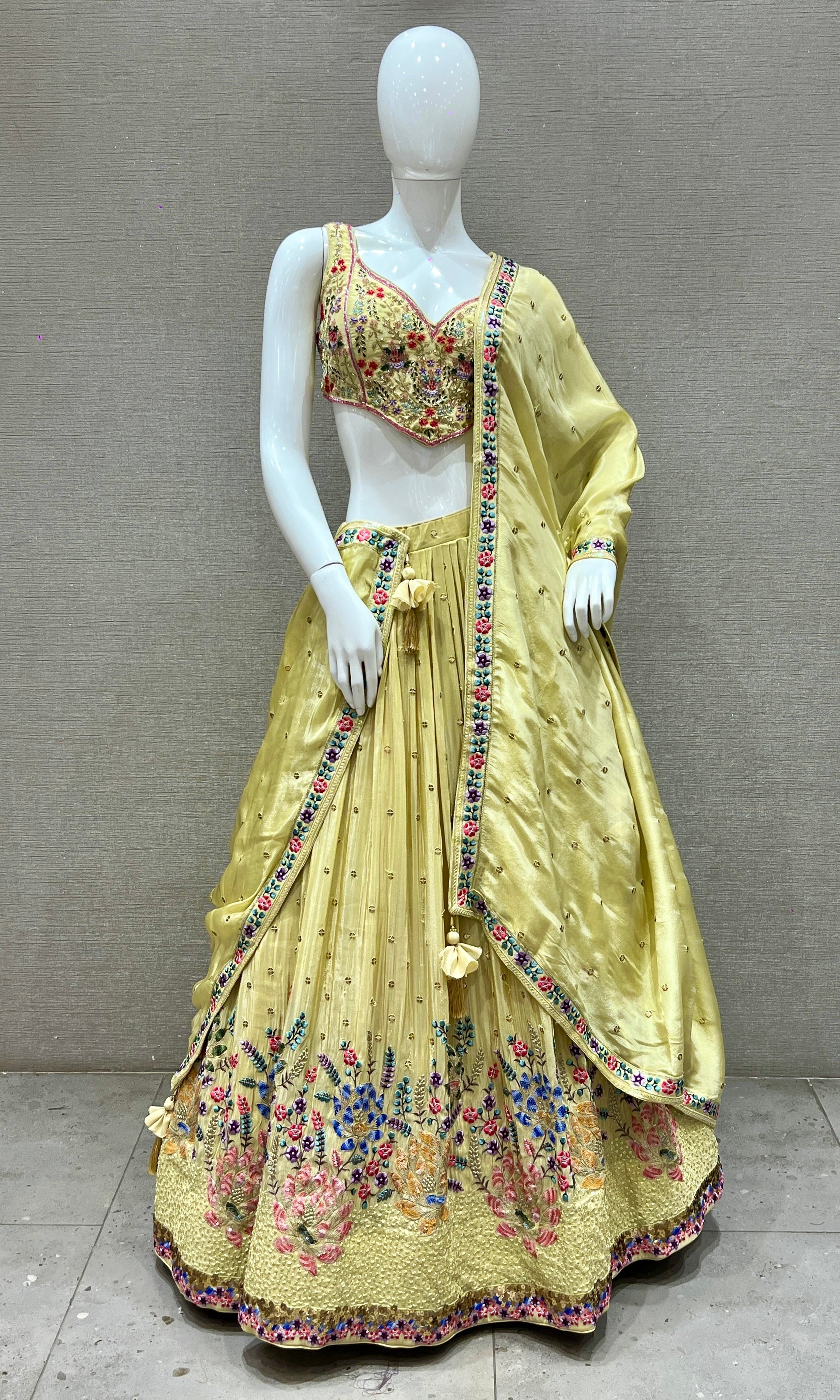 Pastel Butter Yellow Lehenga with Multicolor Floral Embroidery