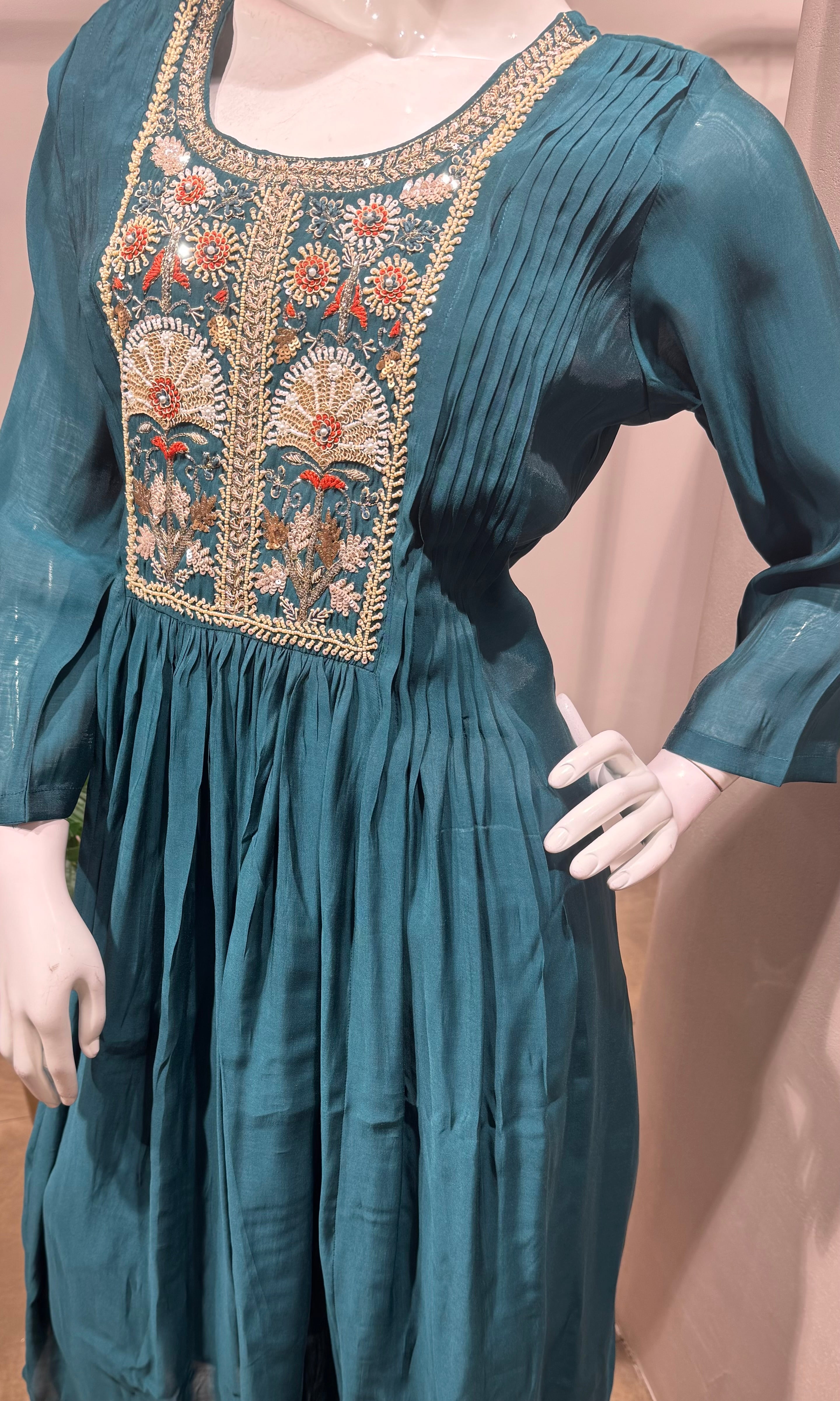 Teal blue embroidered kurta set