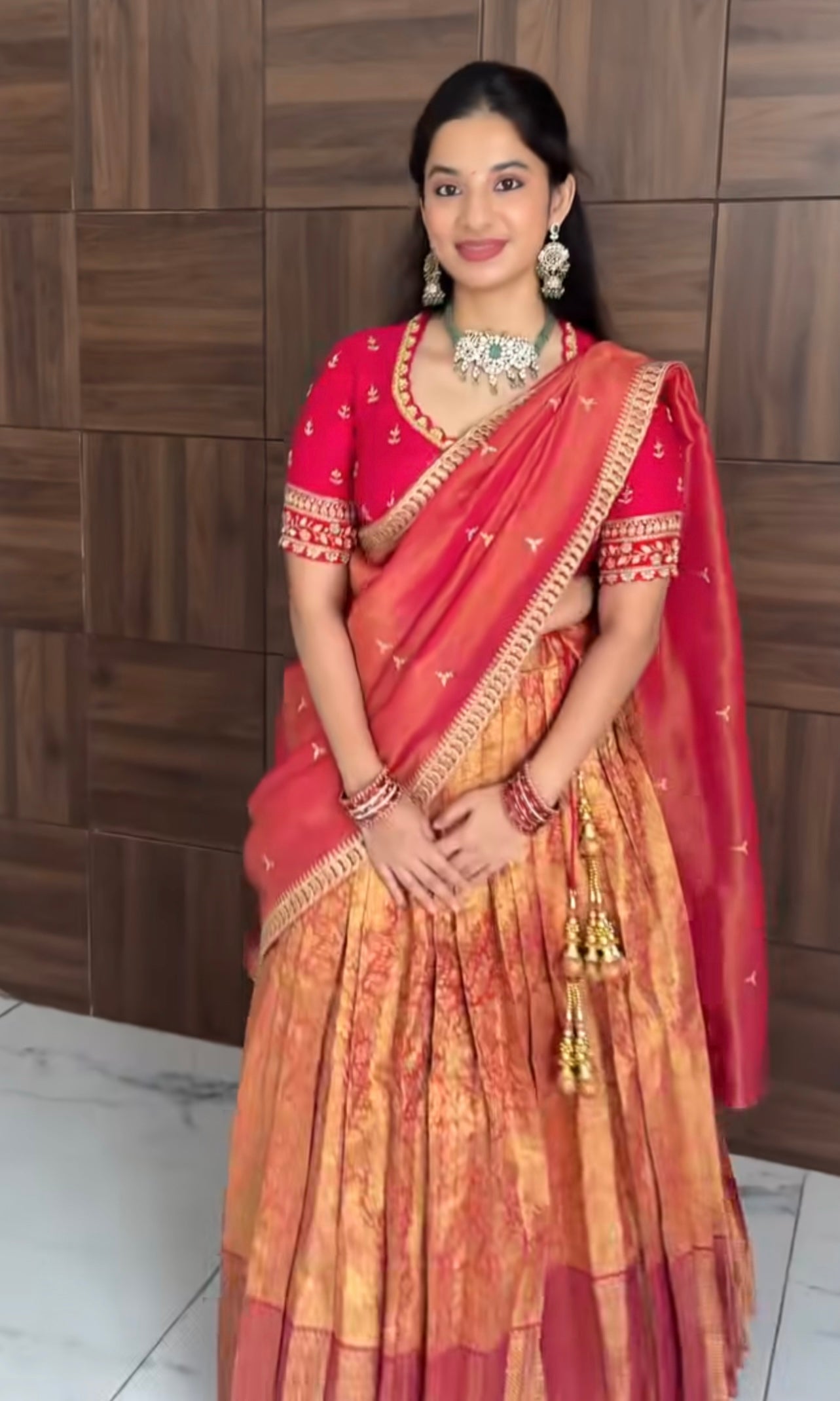 Orange and red banarasi pattu lehenga