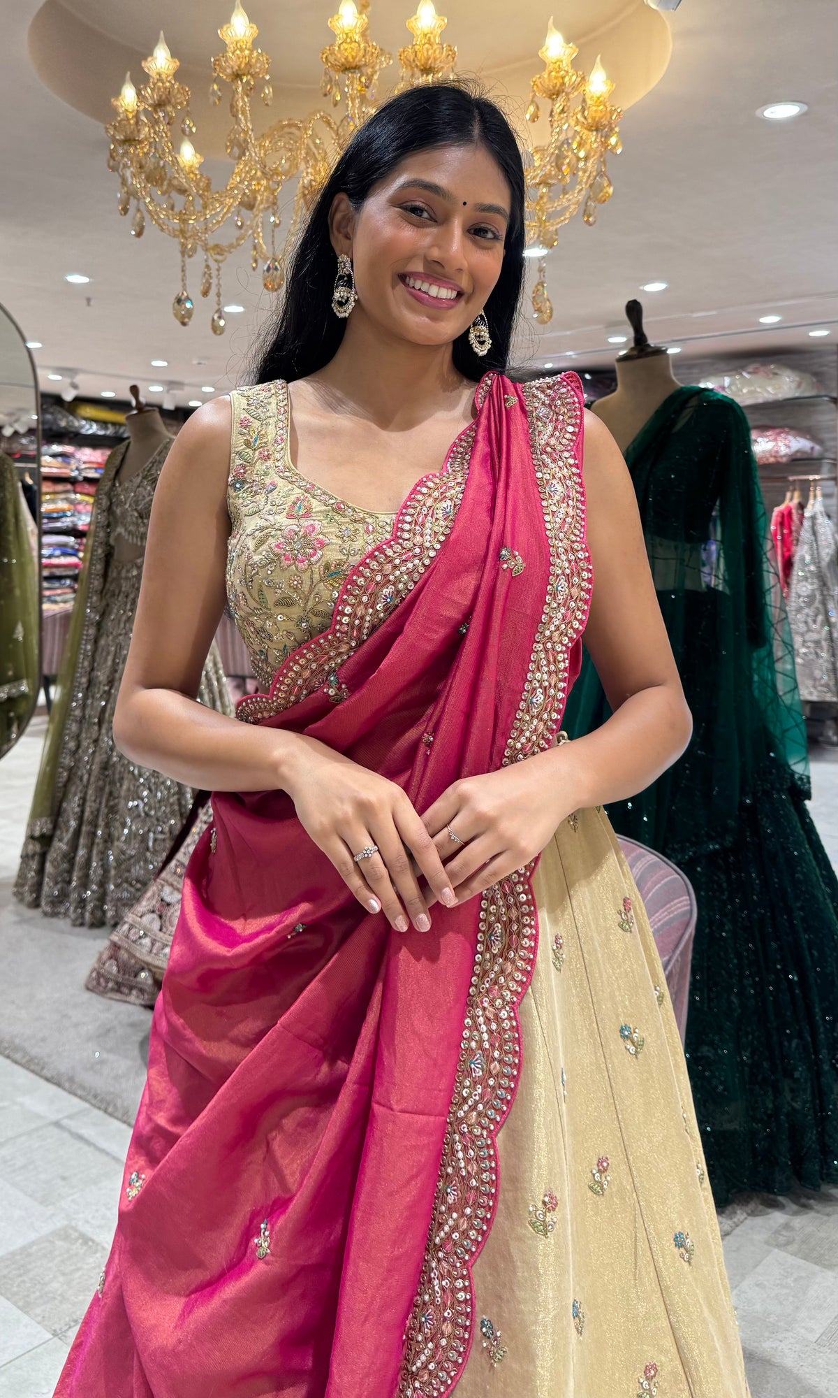 Gold Embroidered Lehenga Choli Set with Pink Dupatta