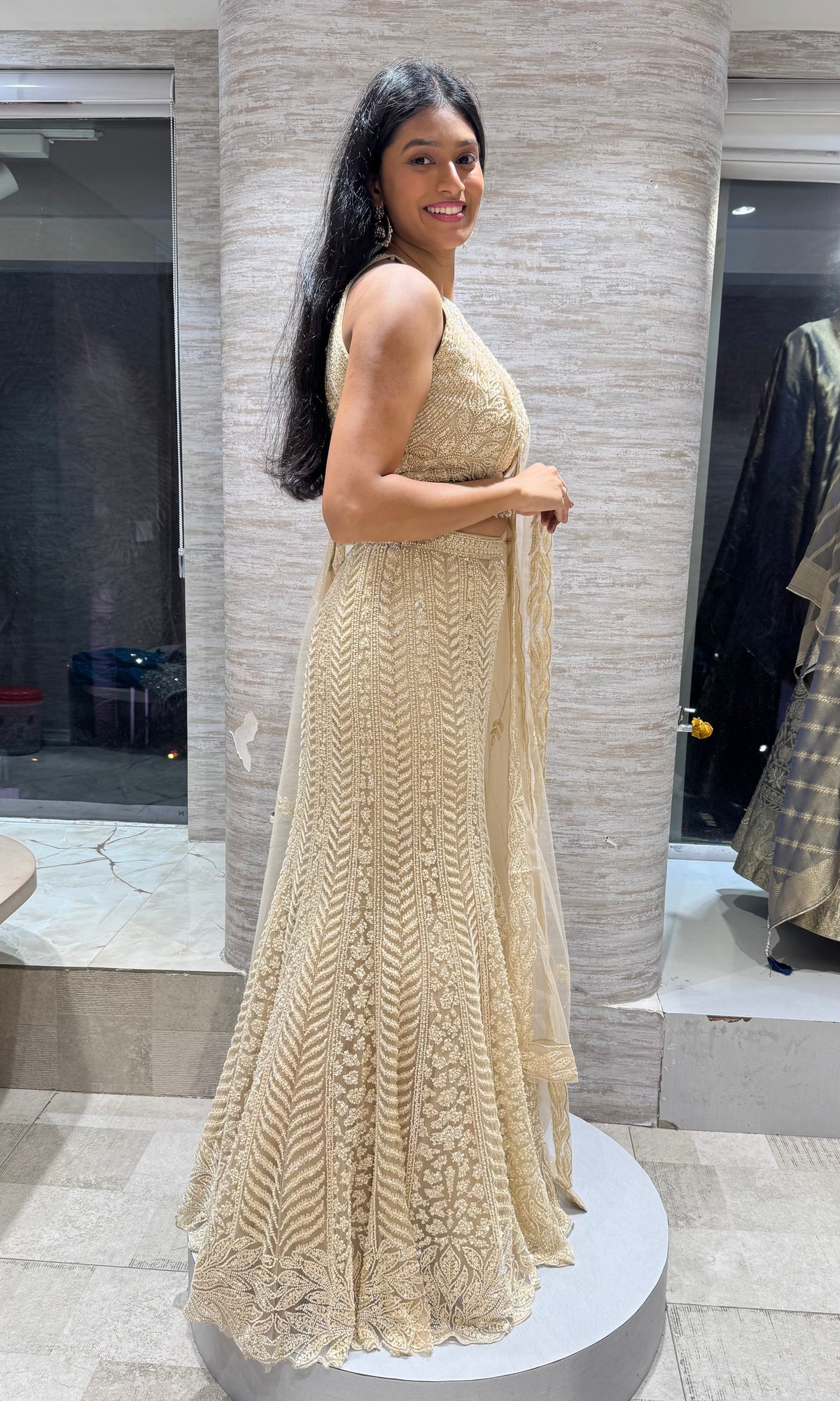 Cream Golden Netted Hour Mermaid Lehenga set