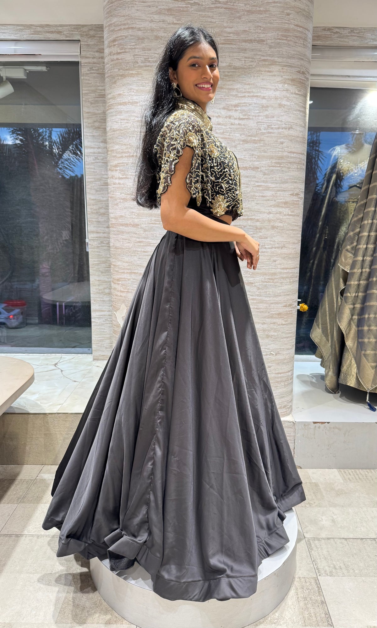 Black Regal Noir Brocade Crop Top and Silk Lehenga Set