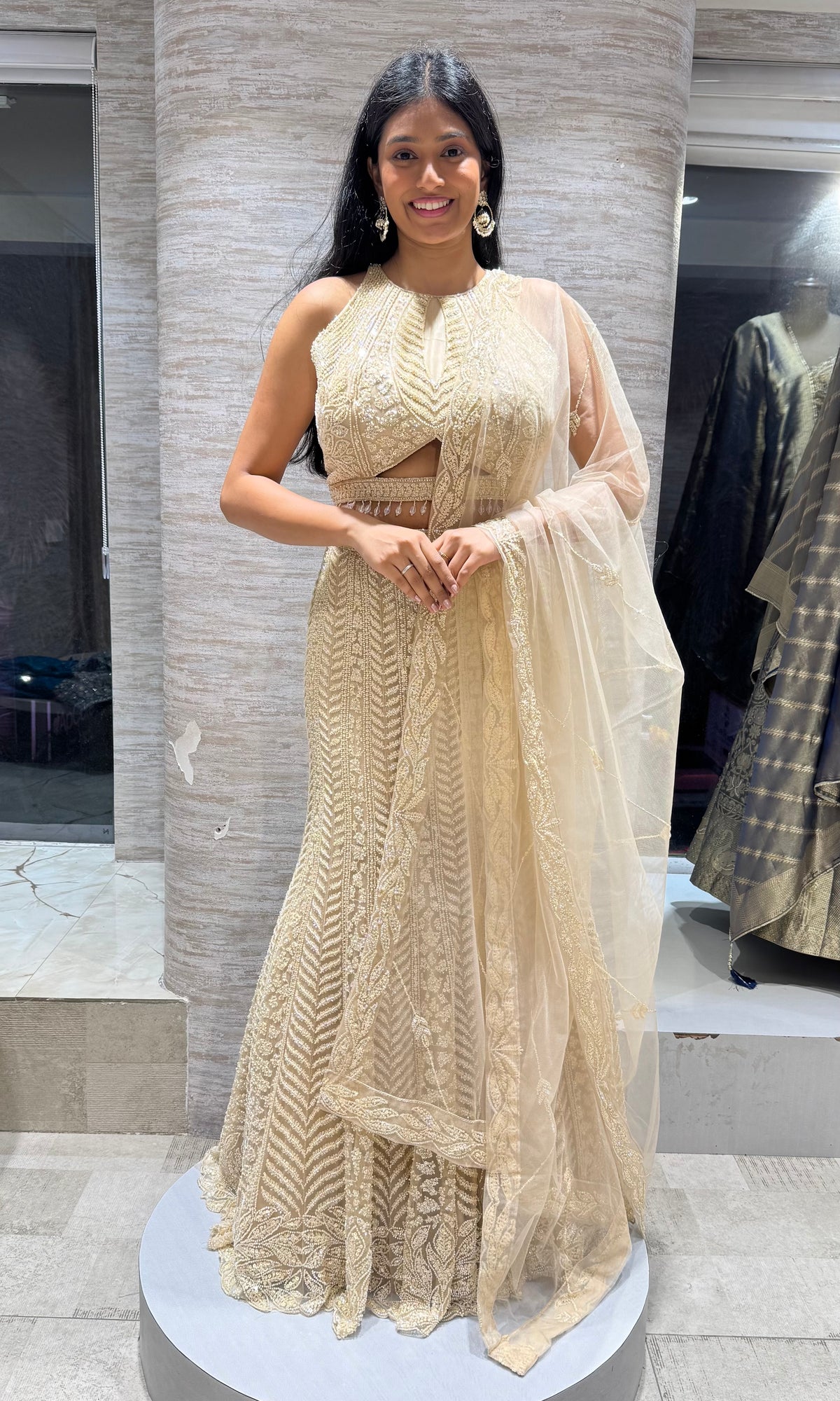 Cream Golden Netted Hour Mermaid Lehenga set