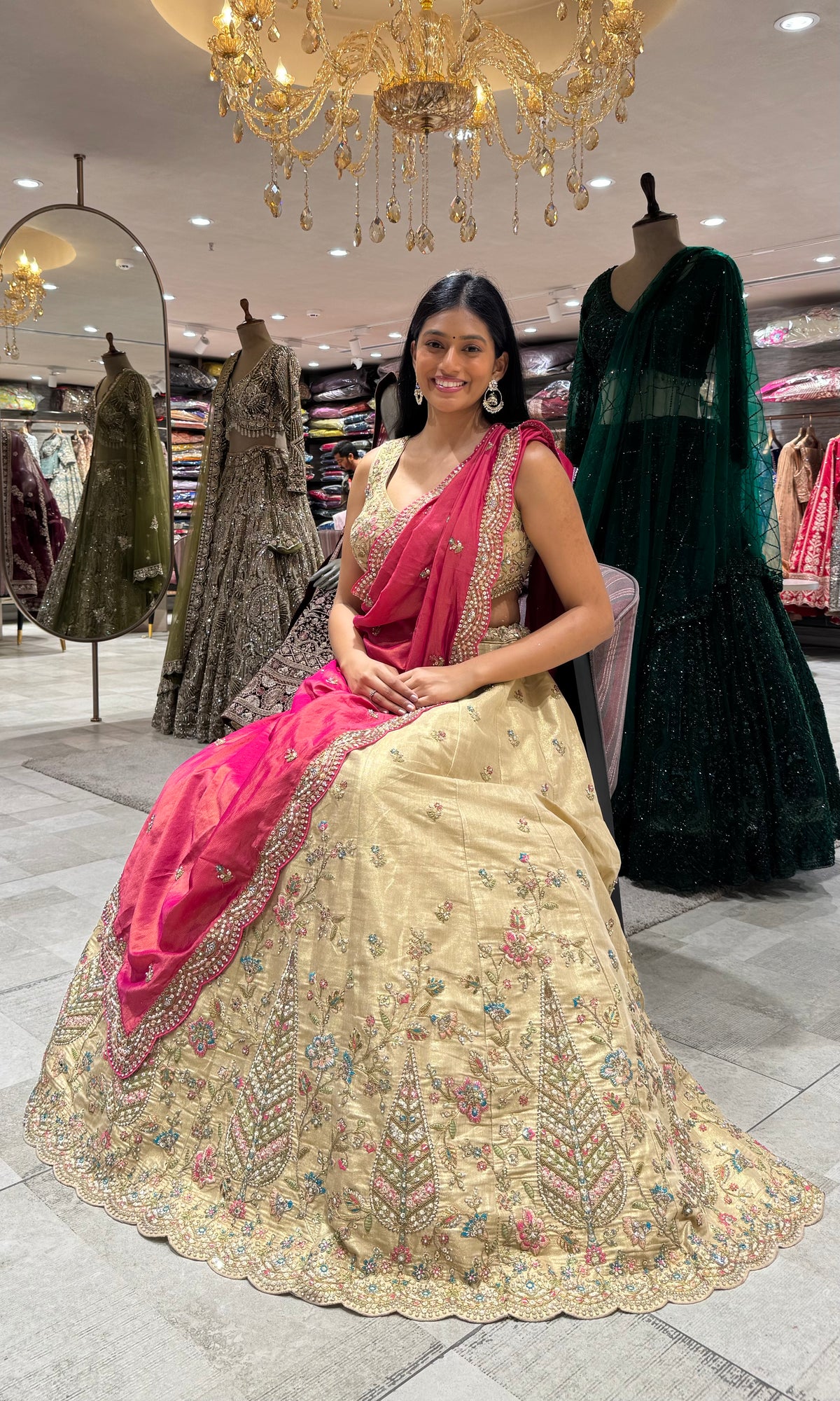 Gold Embroidered Lehenga Choli Set with Pink Dupatta