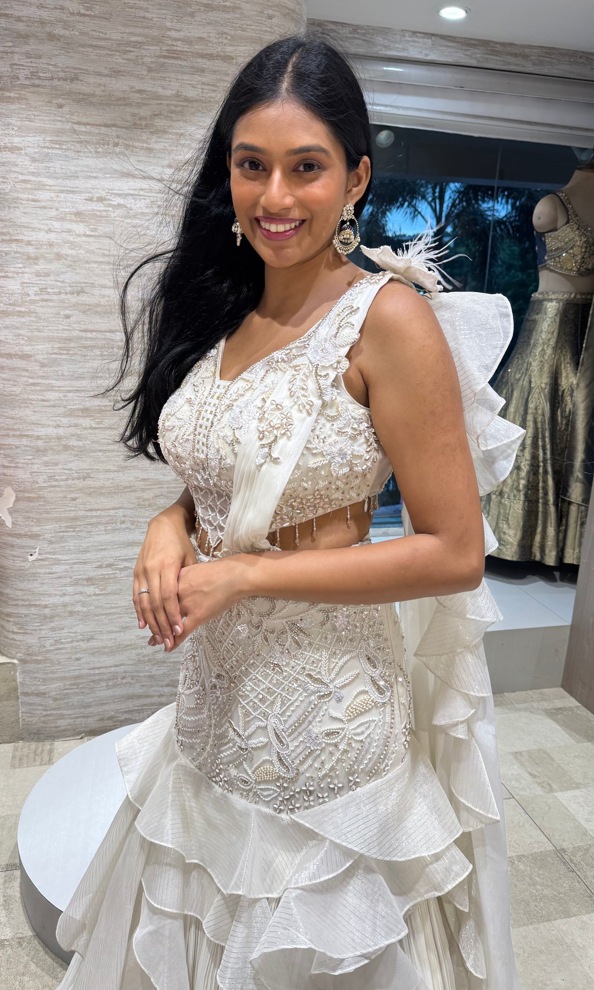 White Enchanted Ruffle Lehenga with Embellished Corset Blouse