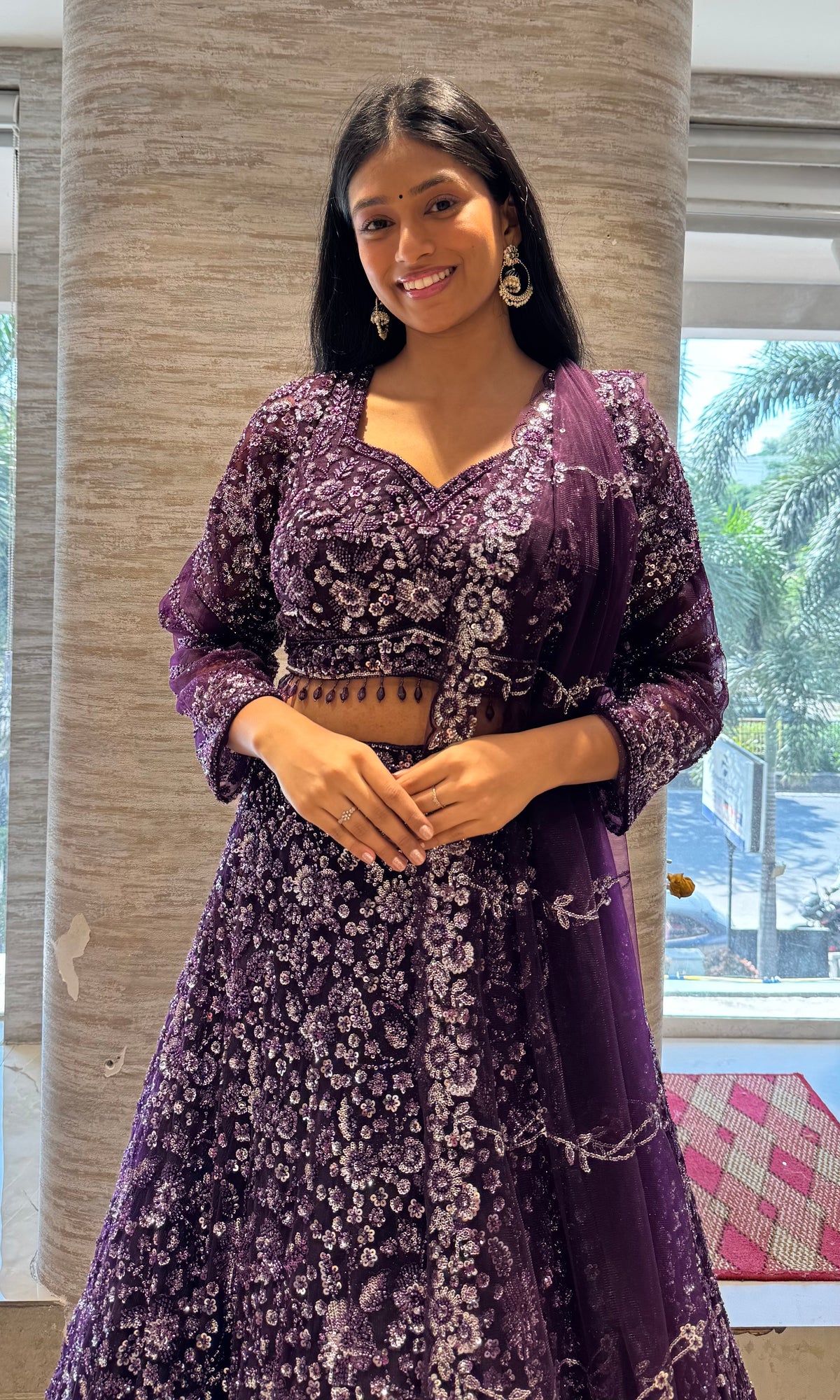 Elegant Purple Floral Embroidered Lehenga Set