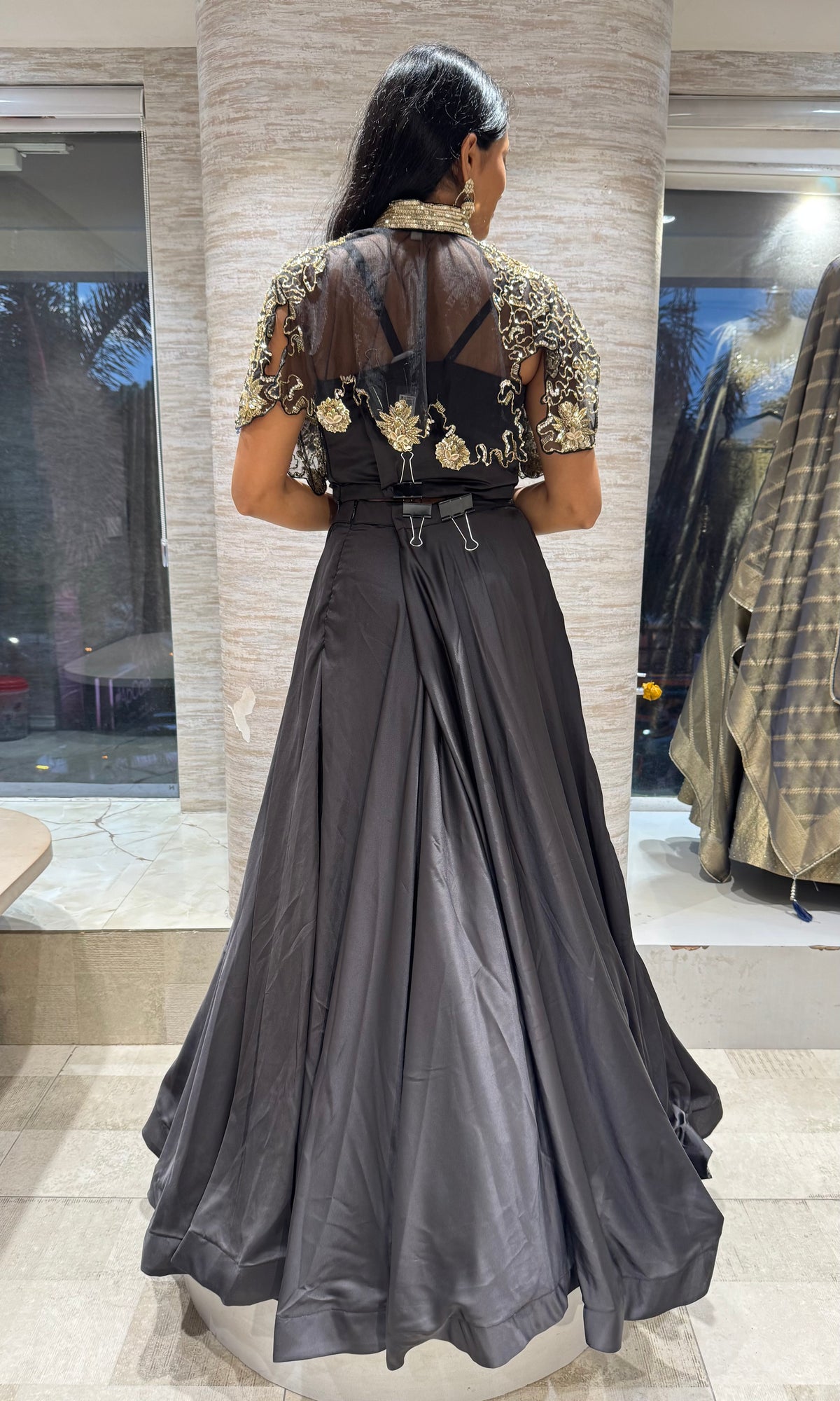 Black Regal Noir Brocade Crop Top and Silk Lehenga Set