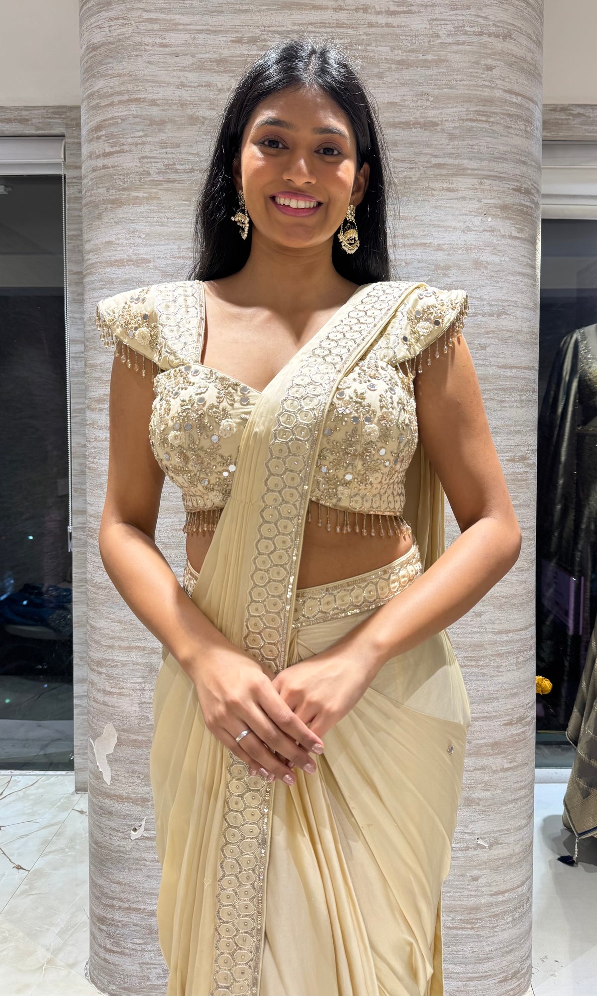 Champagne Golden Drape Saree with Sweetheart Cap-Sleeve Cut blouse