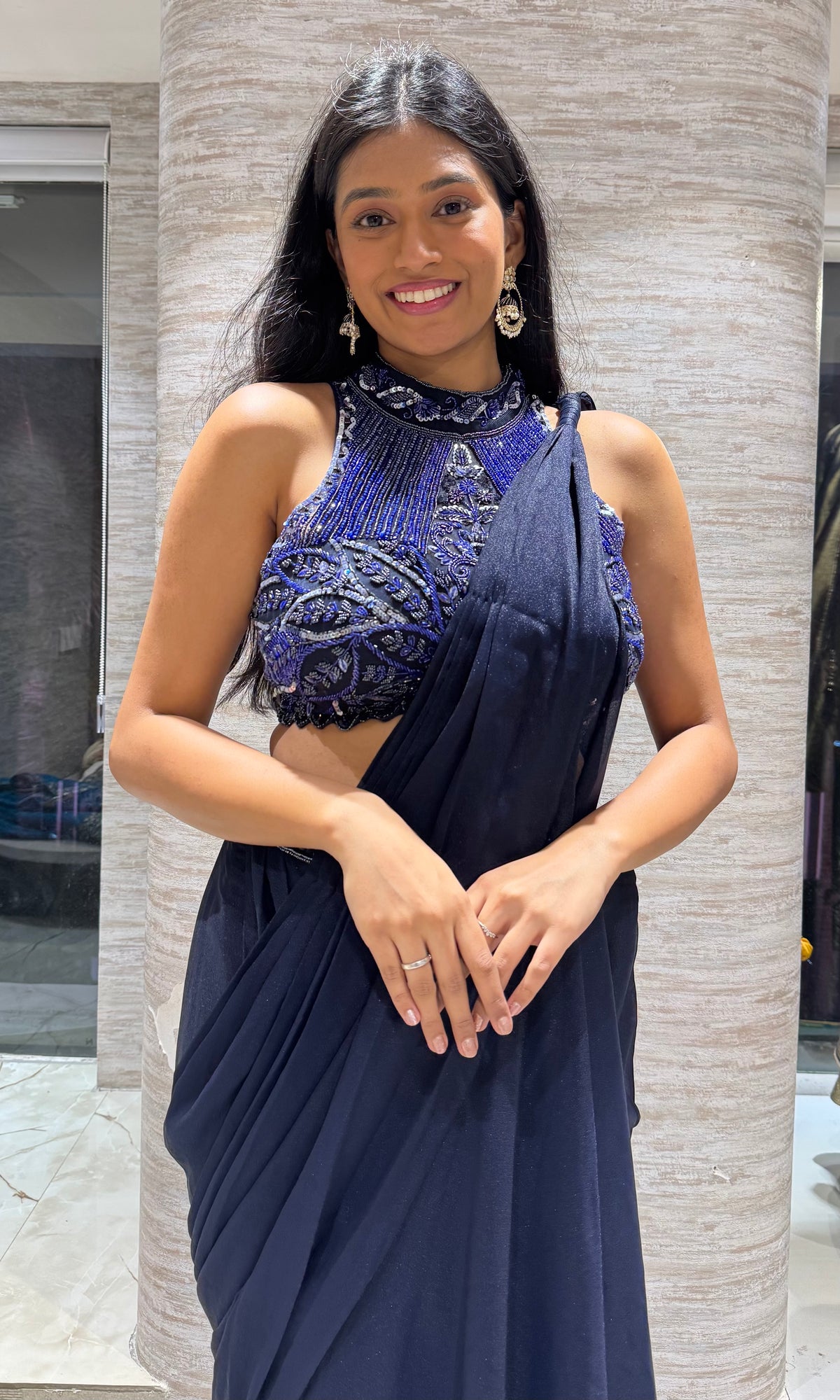 Blue Cocktail Ruffle drape Saree with embroidery halter blouse