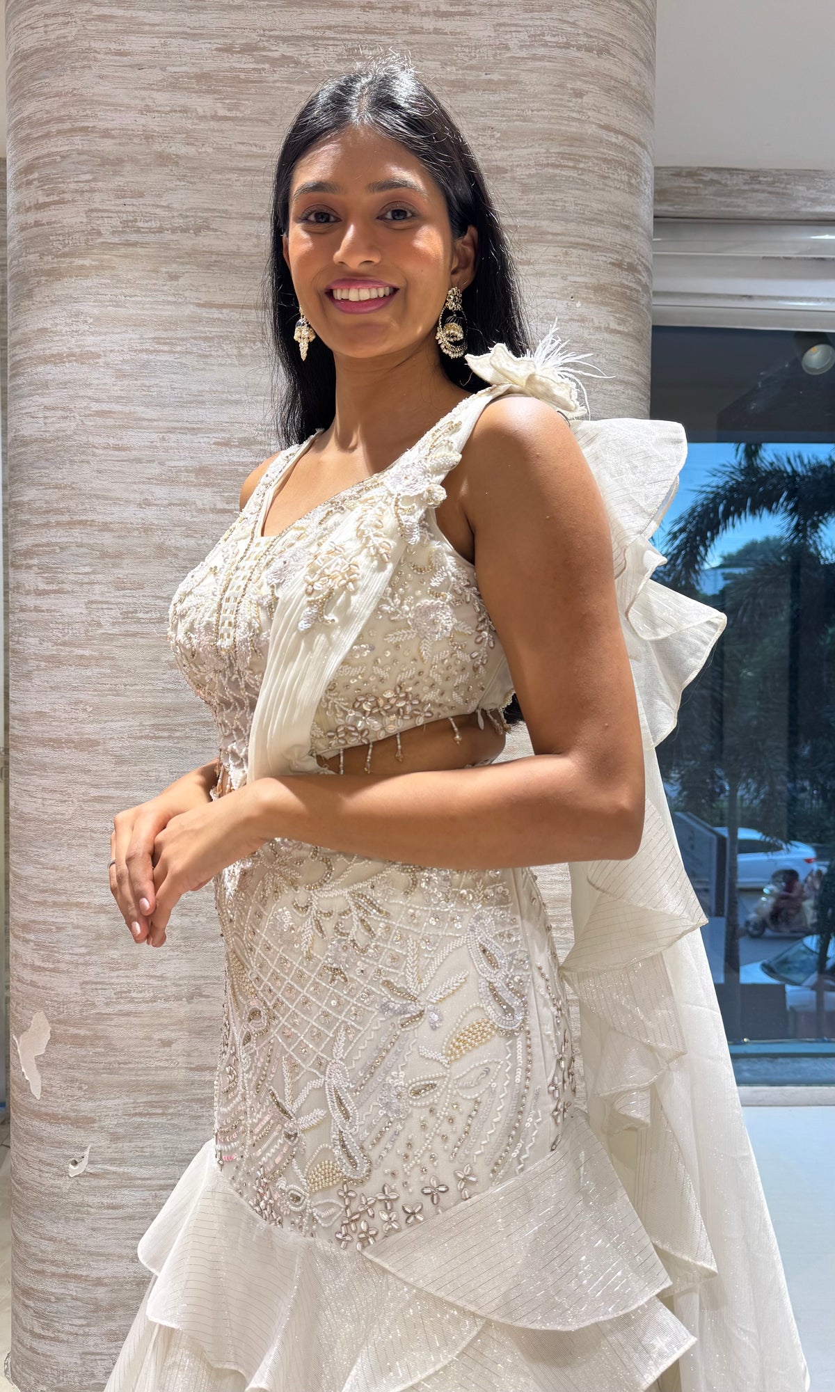 White Enchanted Ruffle Lehenga with Embellished Corset Blouse