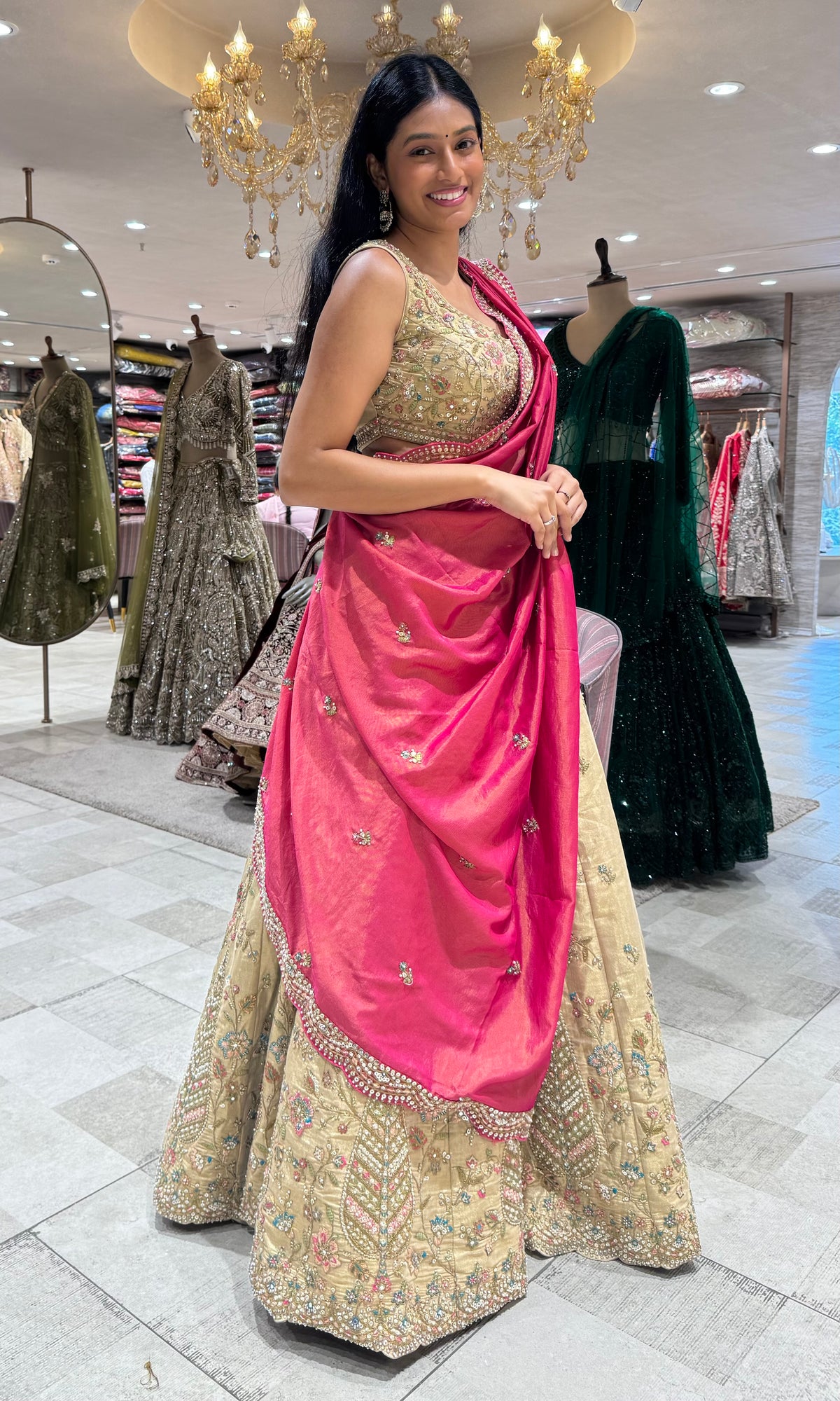 Gold Embroidered Lehenga Choli Set with Pink Dupatta