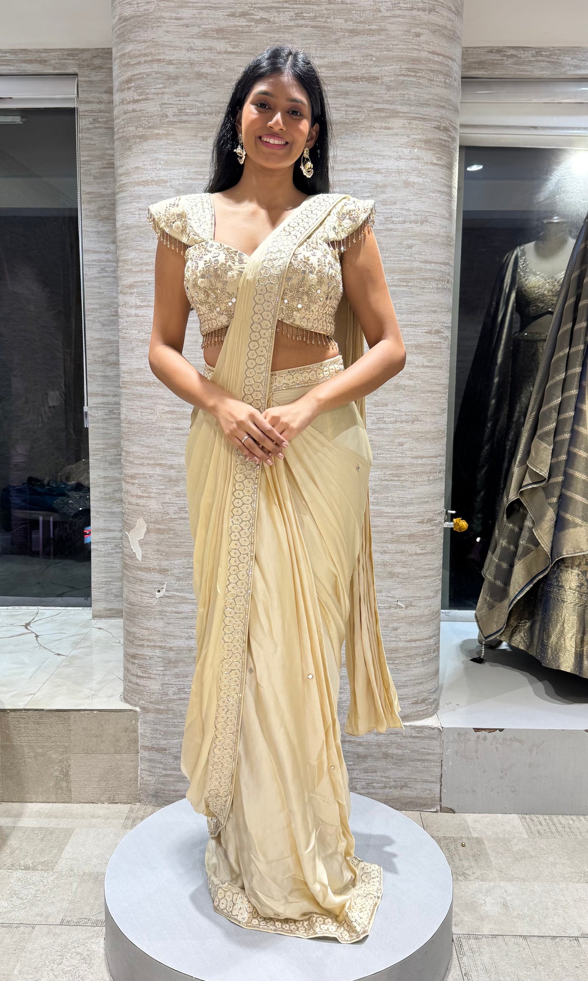 Champagne Golden Drape Saree with Sweetheart Cap-Sleeve Cut blouse