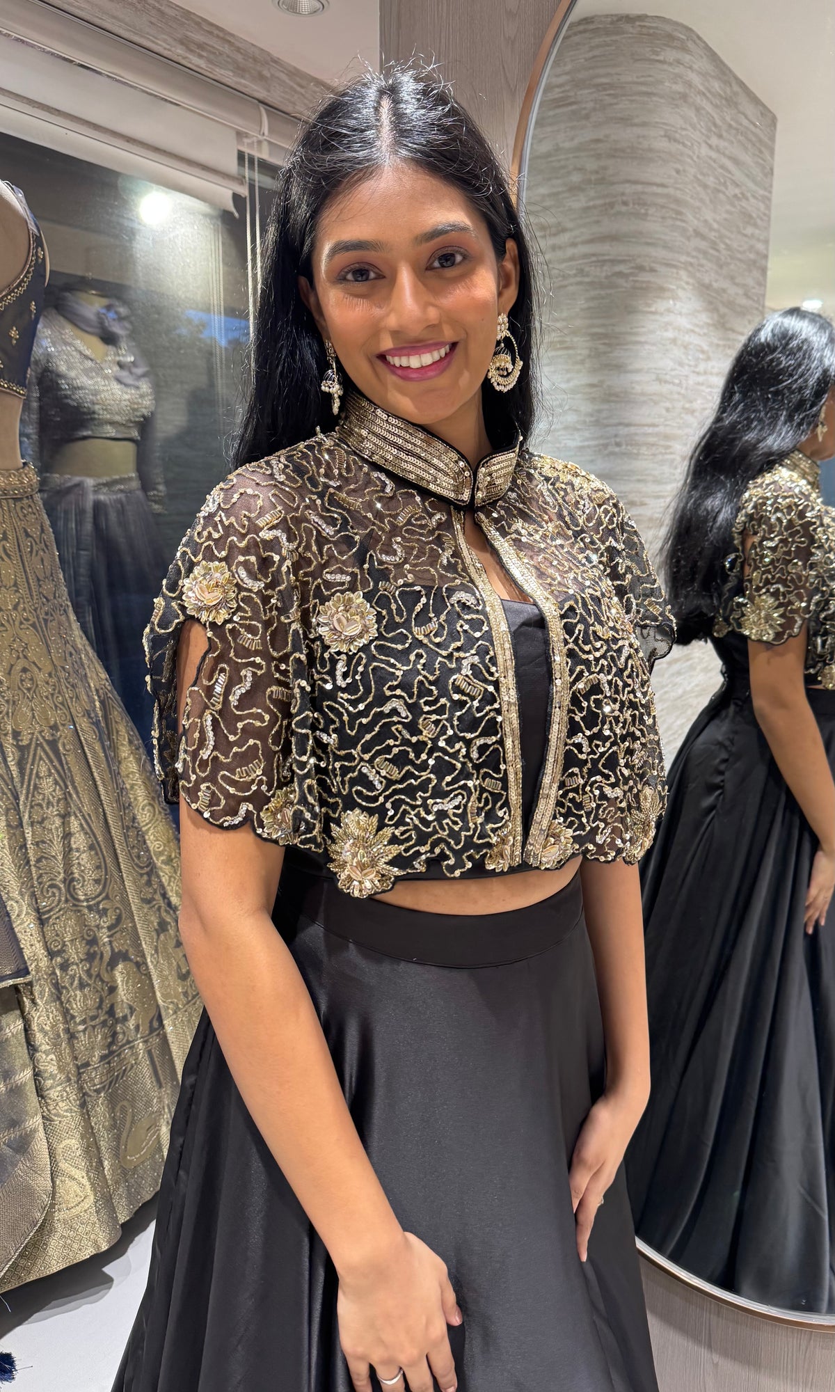Black Regal Noir Brocade Crop Top and Silk Lehenga Set