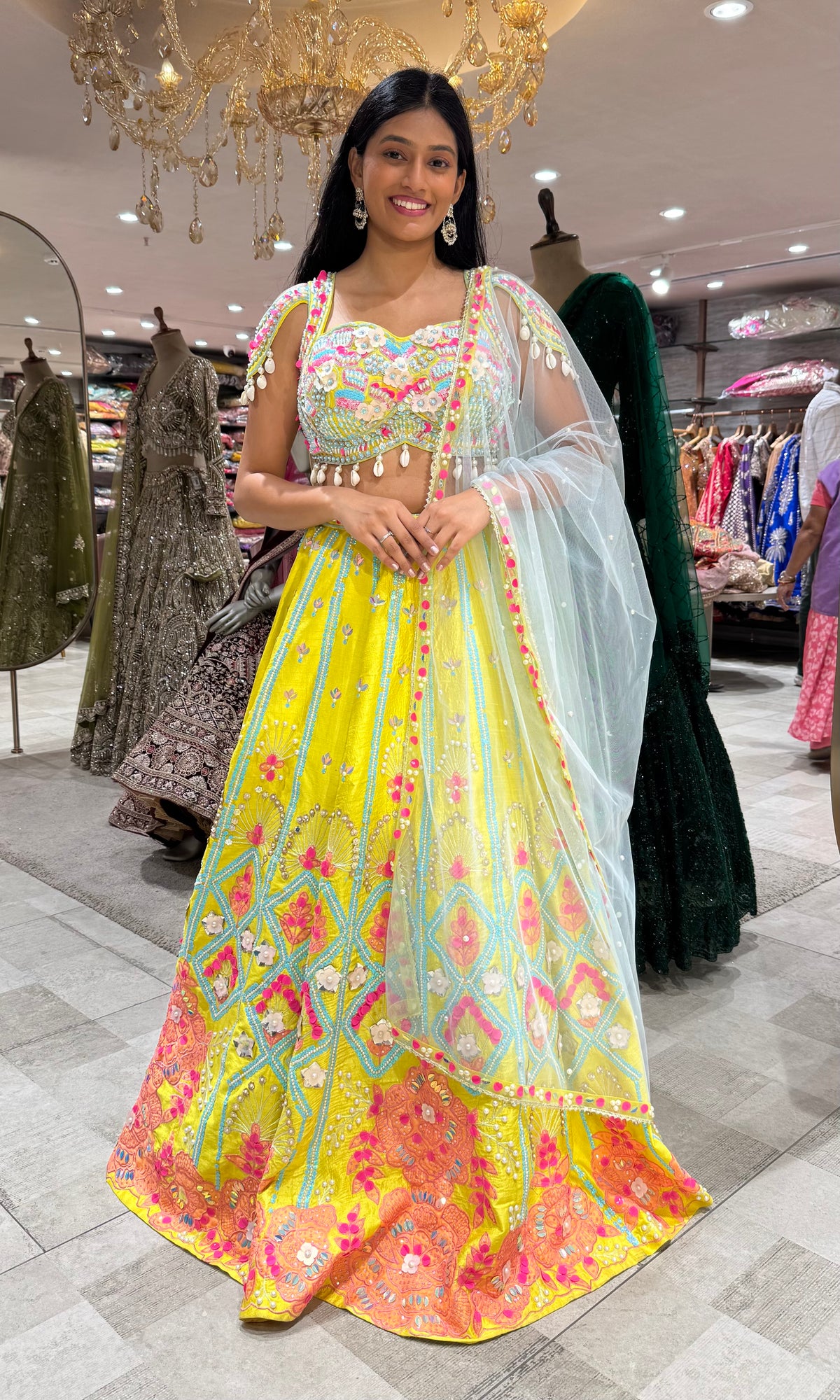 Lemon Yellow Floral Embroidered Lehenga Choli Set