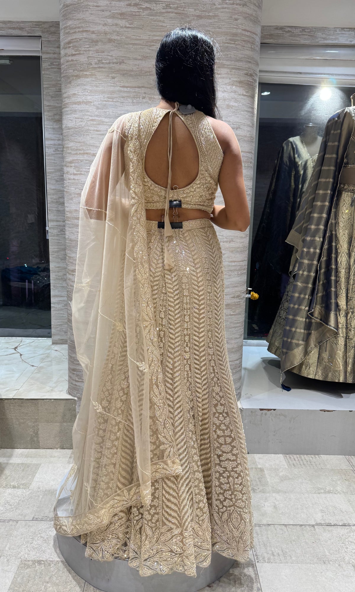 Cream Golden Netted Hour Mermaid Lehenga set