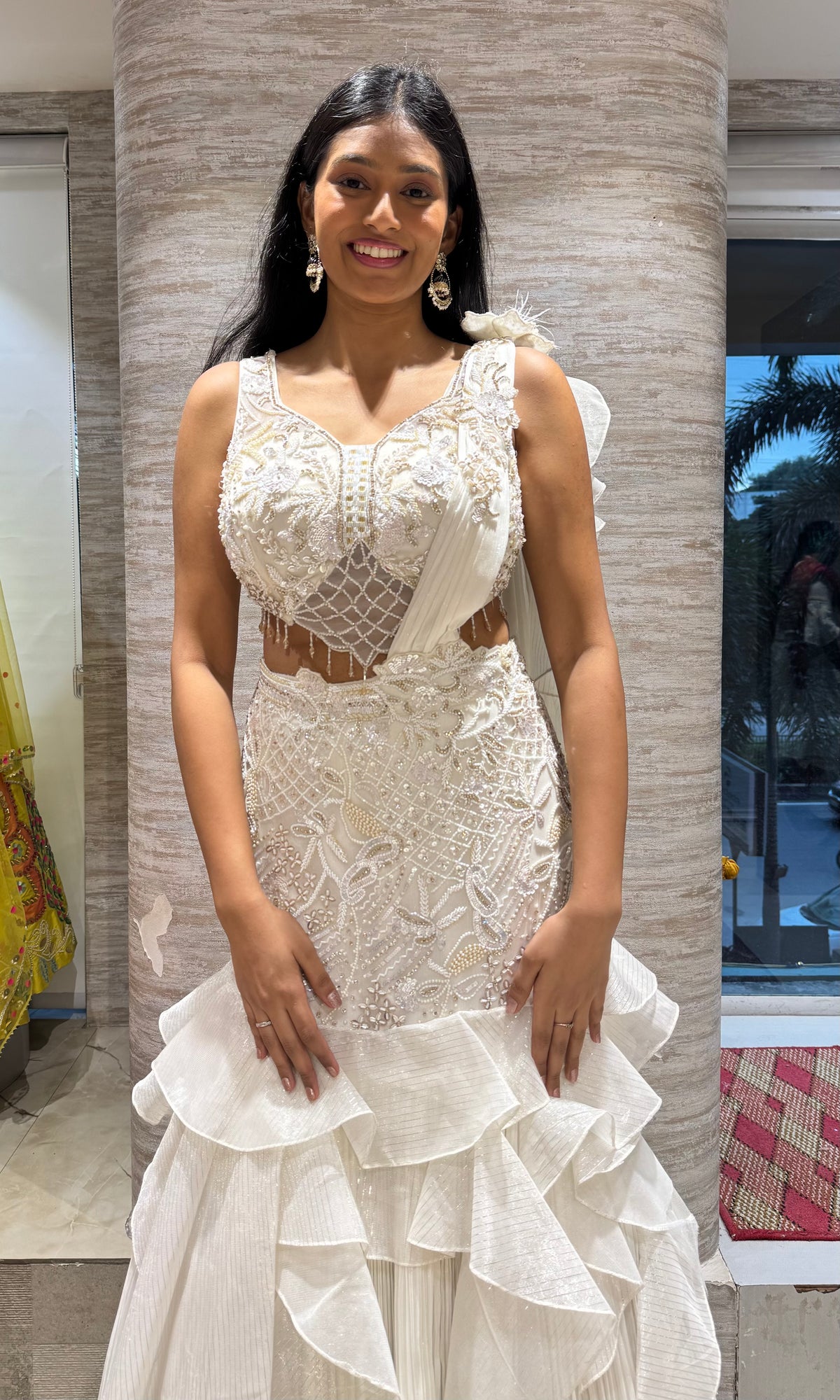 White Enchanted Ruffle Lehenga with Embellished Corset Blouse