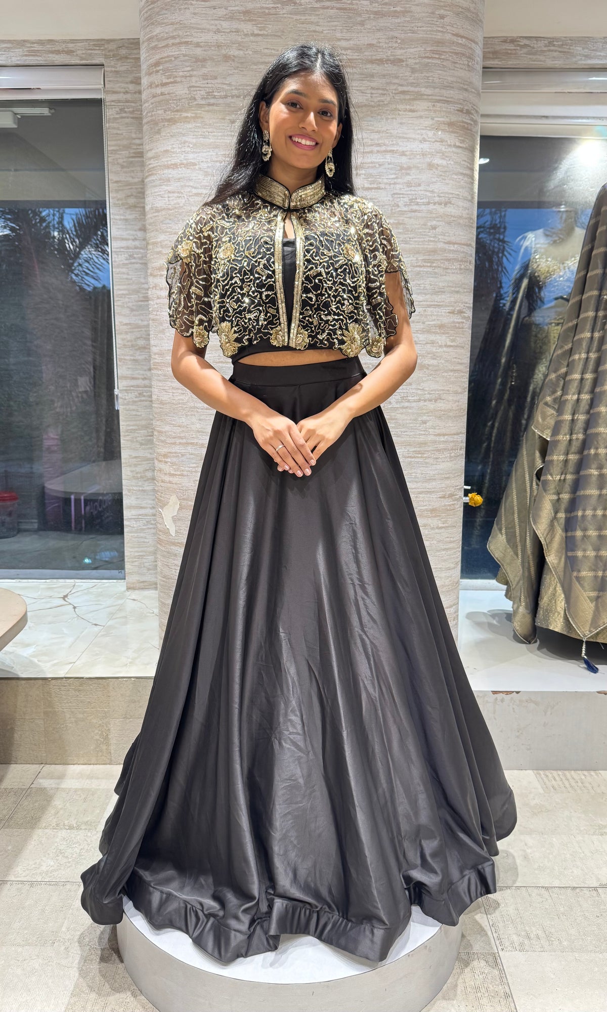 Black Regal Noir Brocade Crop Top and Silk Lehenga Set