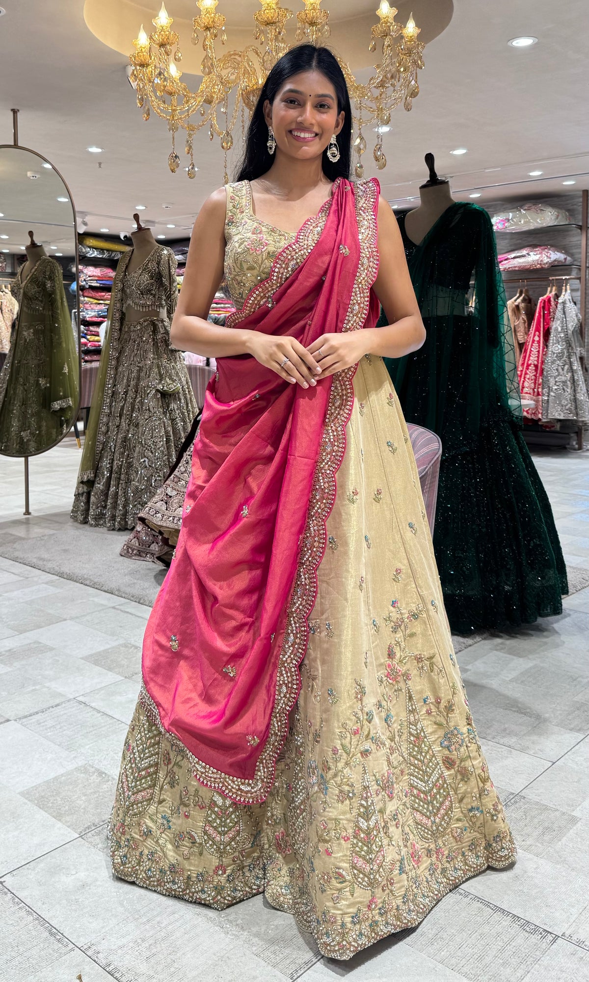 Gold Embroidered Lehenga Choli Set with Pink Dupatta