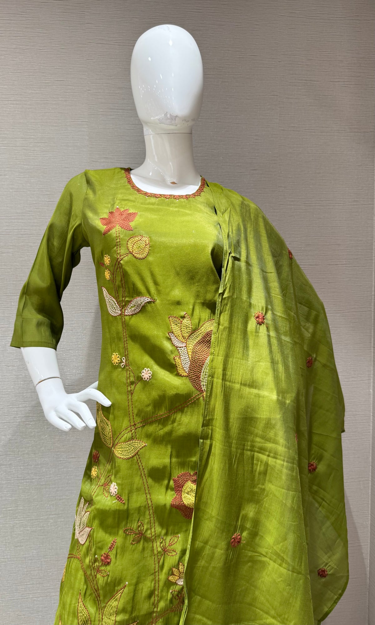 Olive Green Floral Embroidered Cotton Kurta Set