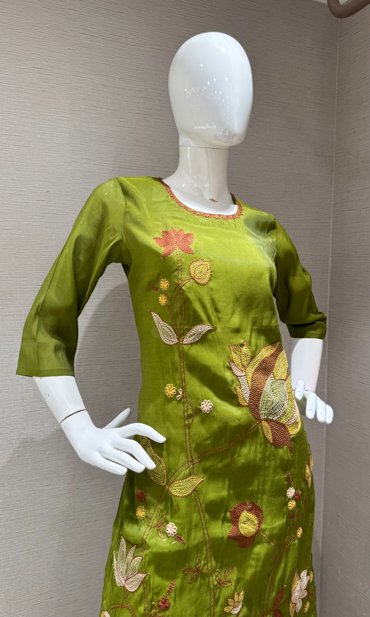 Olive Green Floral Embroidered Cotton Kurta Set