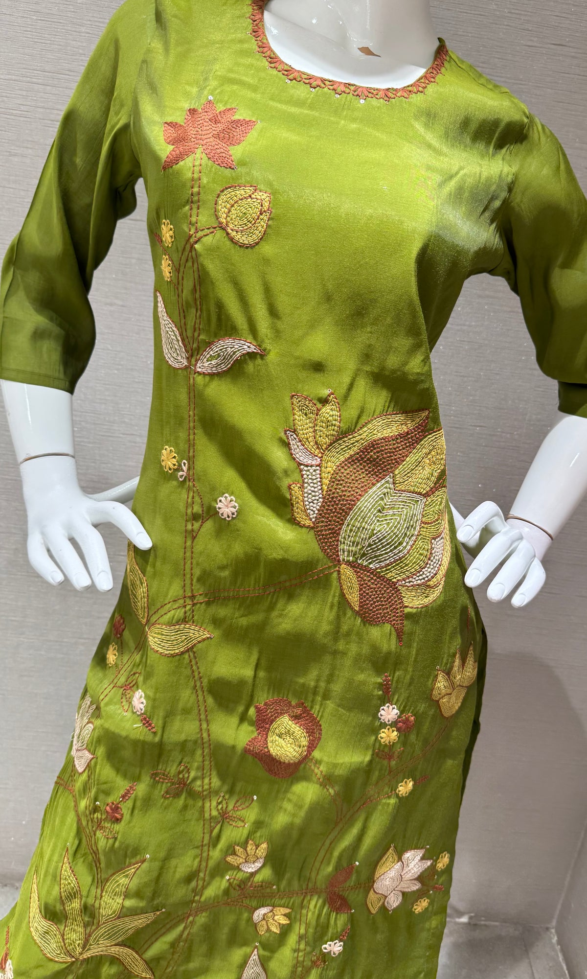 Olive Green Floral Embroidered Cotton Kurta Set