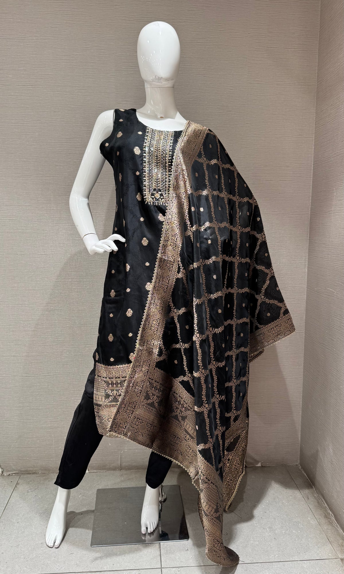 Regal Black with Gold Embroidered banarasi kurta set with dupatta