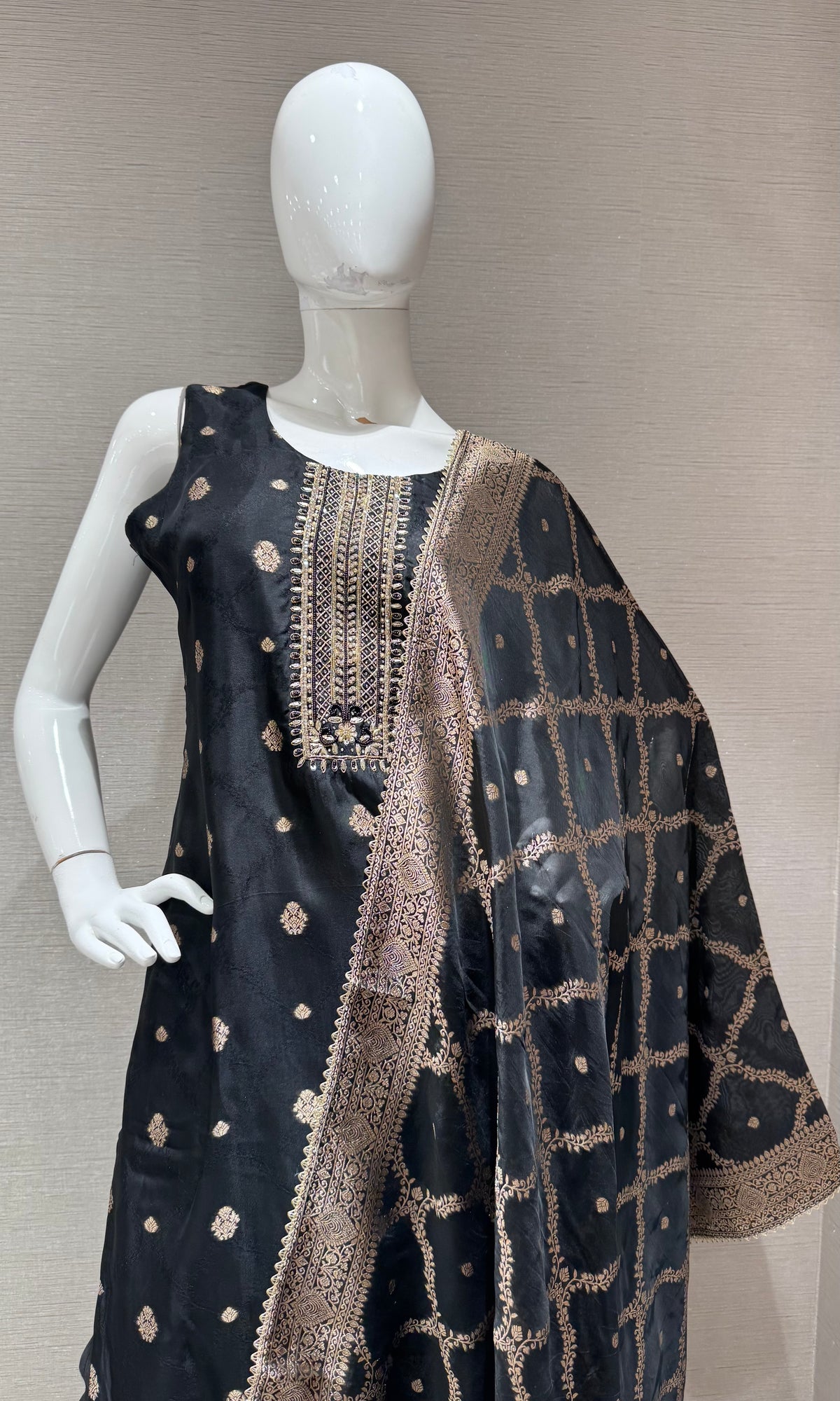 Regal Black with Gold Embroidered banarasi kurta set with dupatta