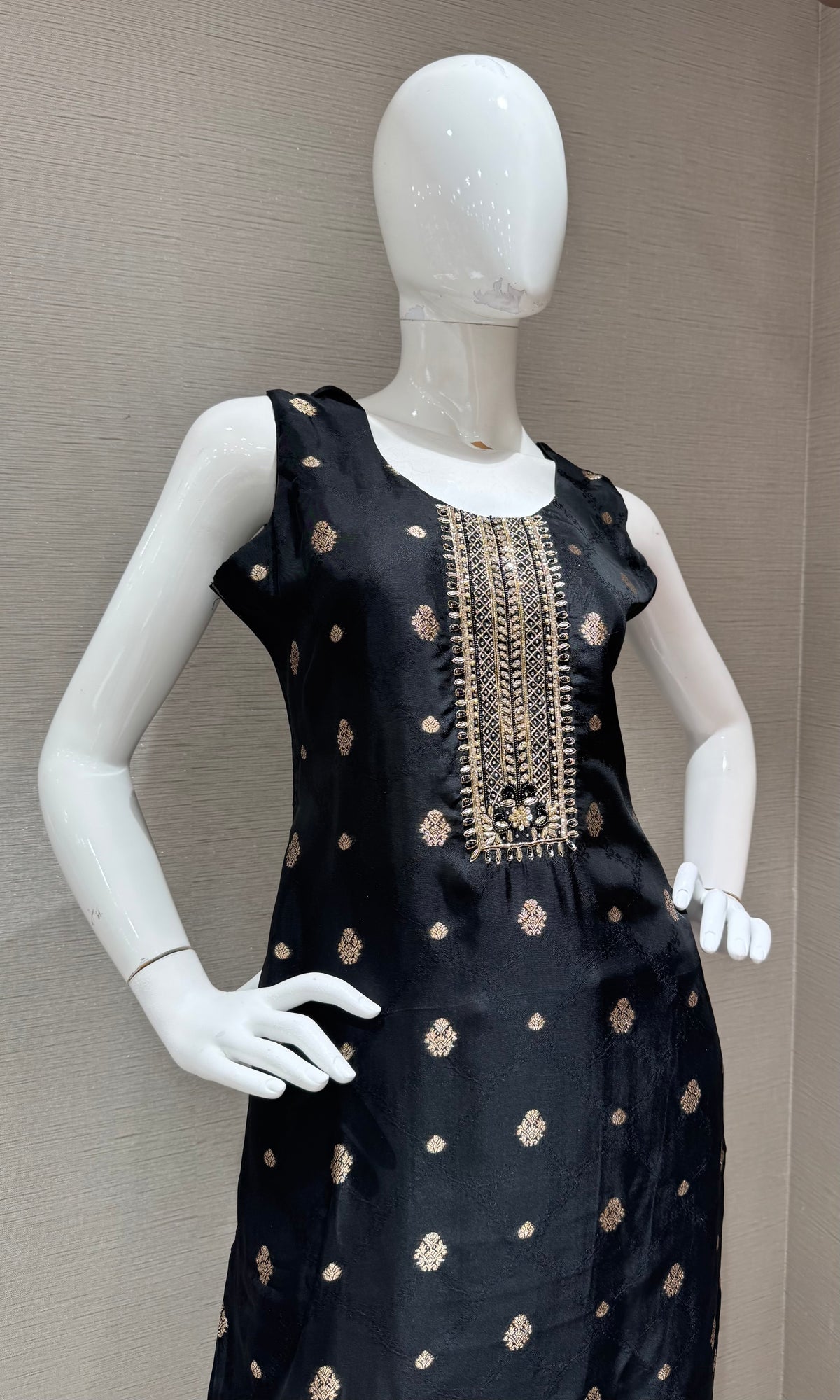 Regal Black with Gold Embroidered banarasi kurta set with dupatta