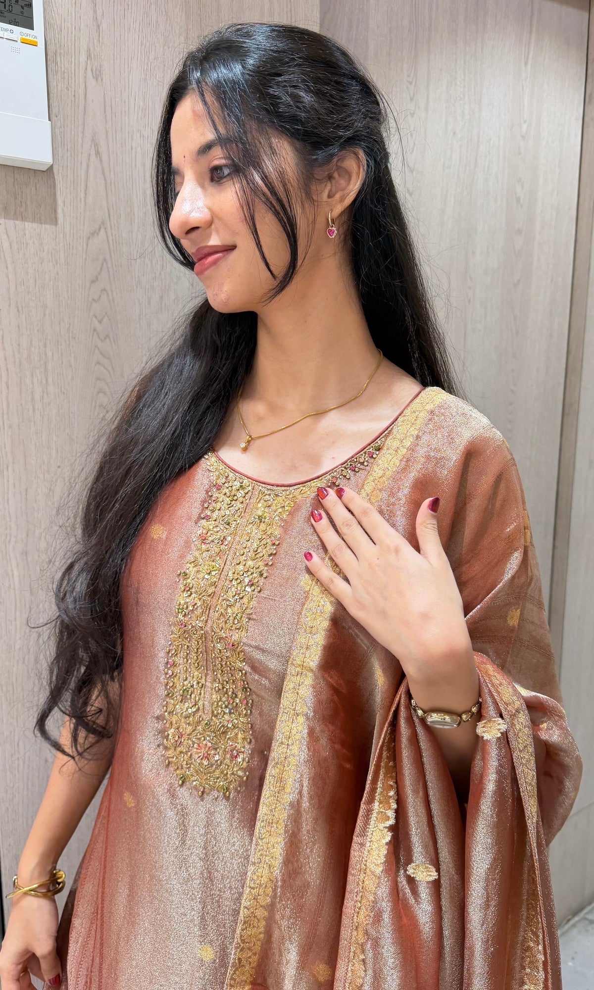 Rust floral Tissue Silk Banarasi kurta Set with dupatta