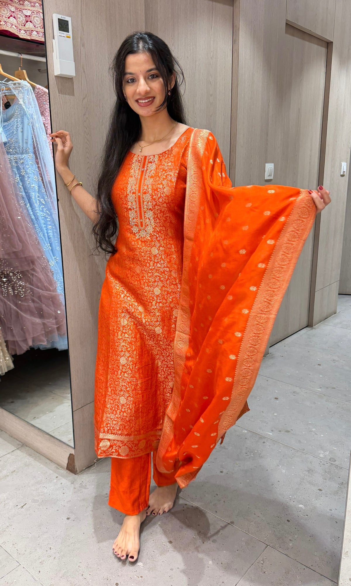 Radiant Orange Banarasi Brocade Kurta set with dupatta