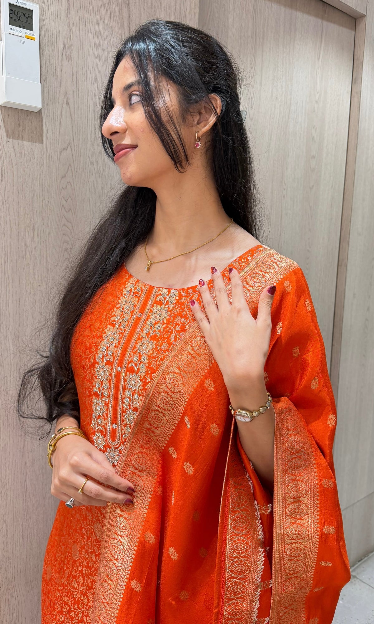 Radiant Orange Banarasi Brocade Kurta set with dupatta