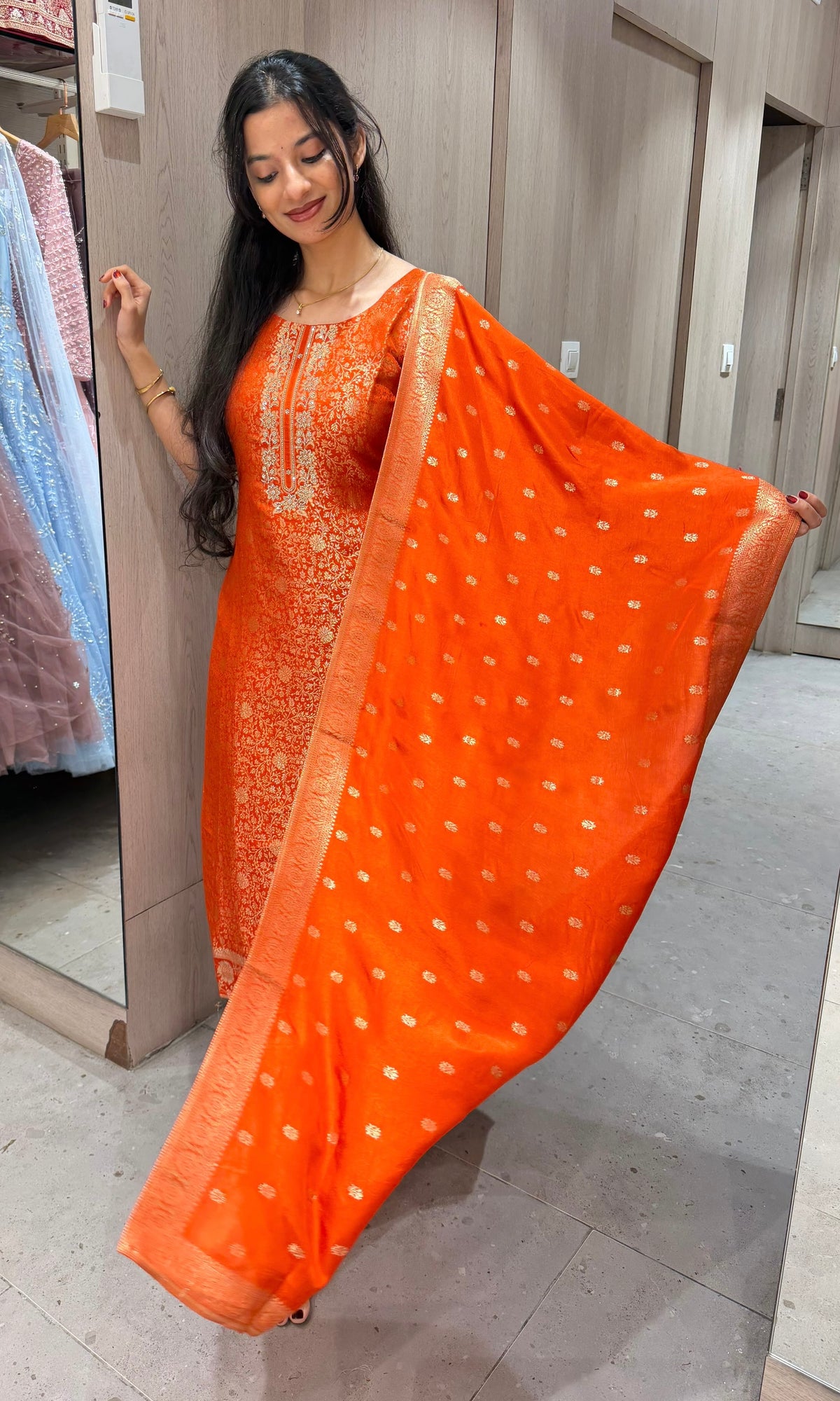 Radiant Orange Banarasi Brocade Kurta set with dupatta