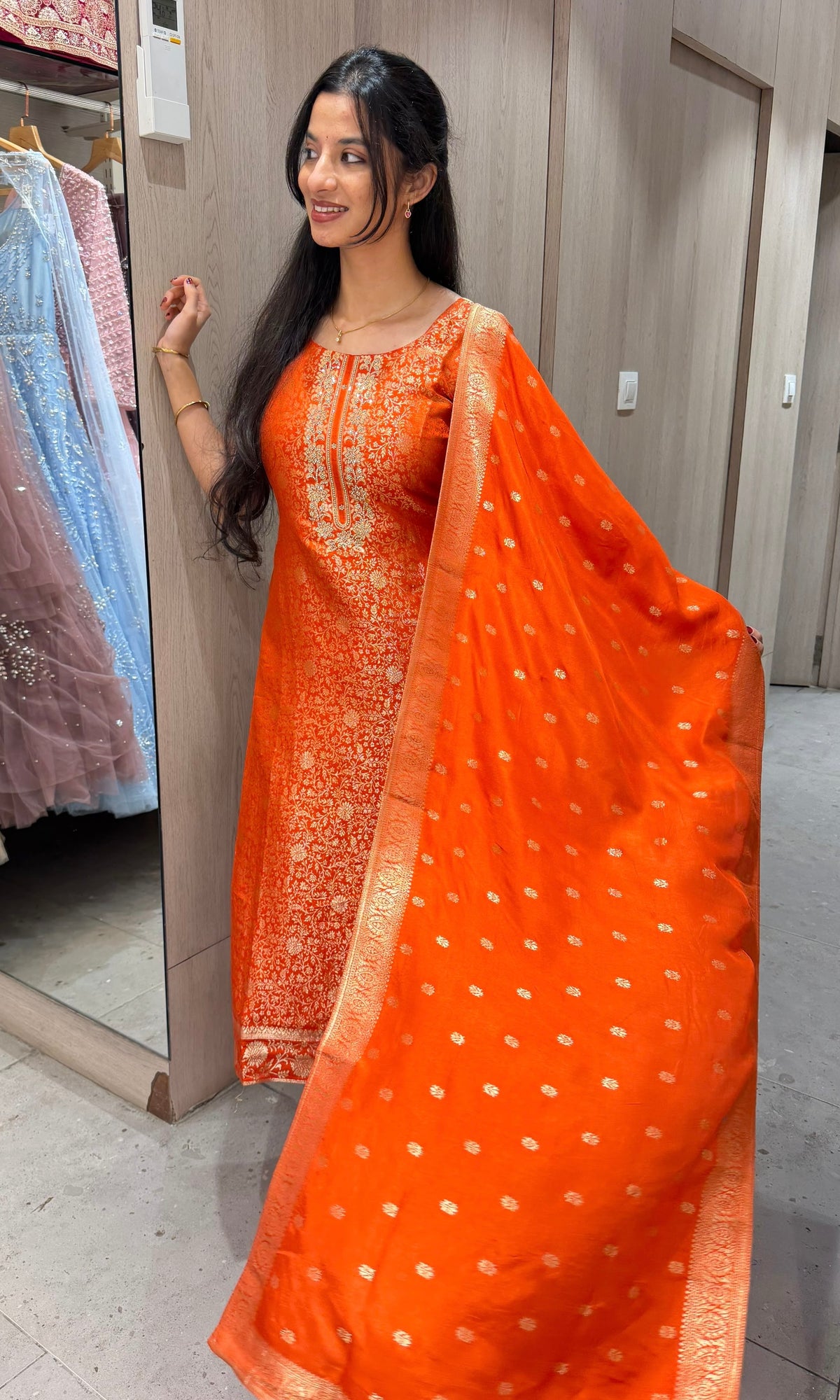 Radiant Orange Banarasi Brocade Kurta set with dupatta
