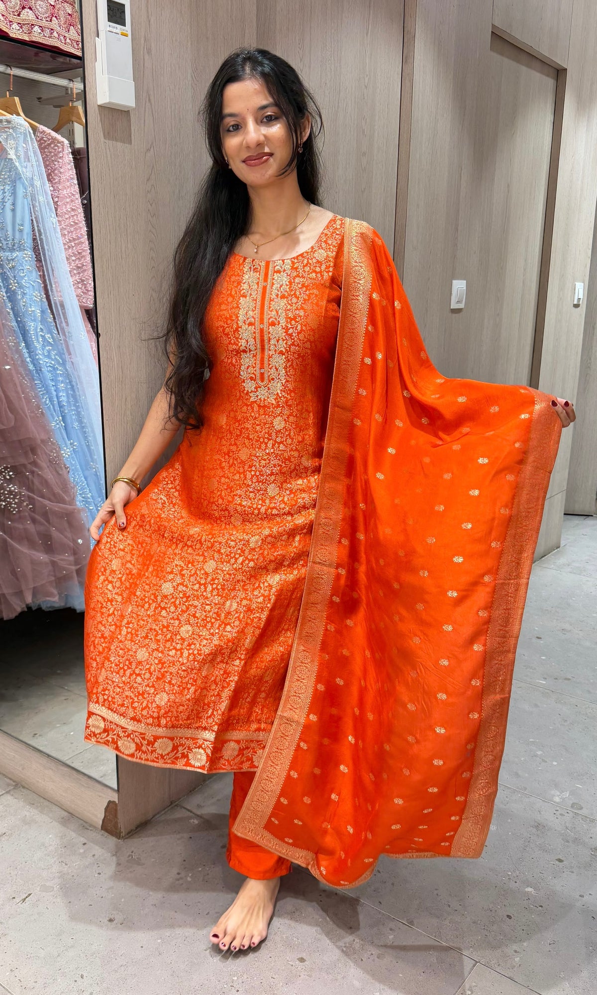 Radiant Orange Banarasi Brocade Kurta set with dupatta