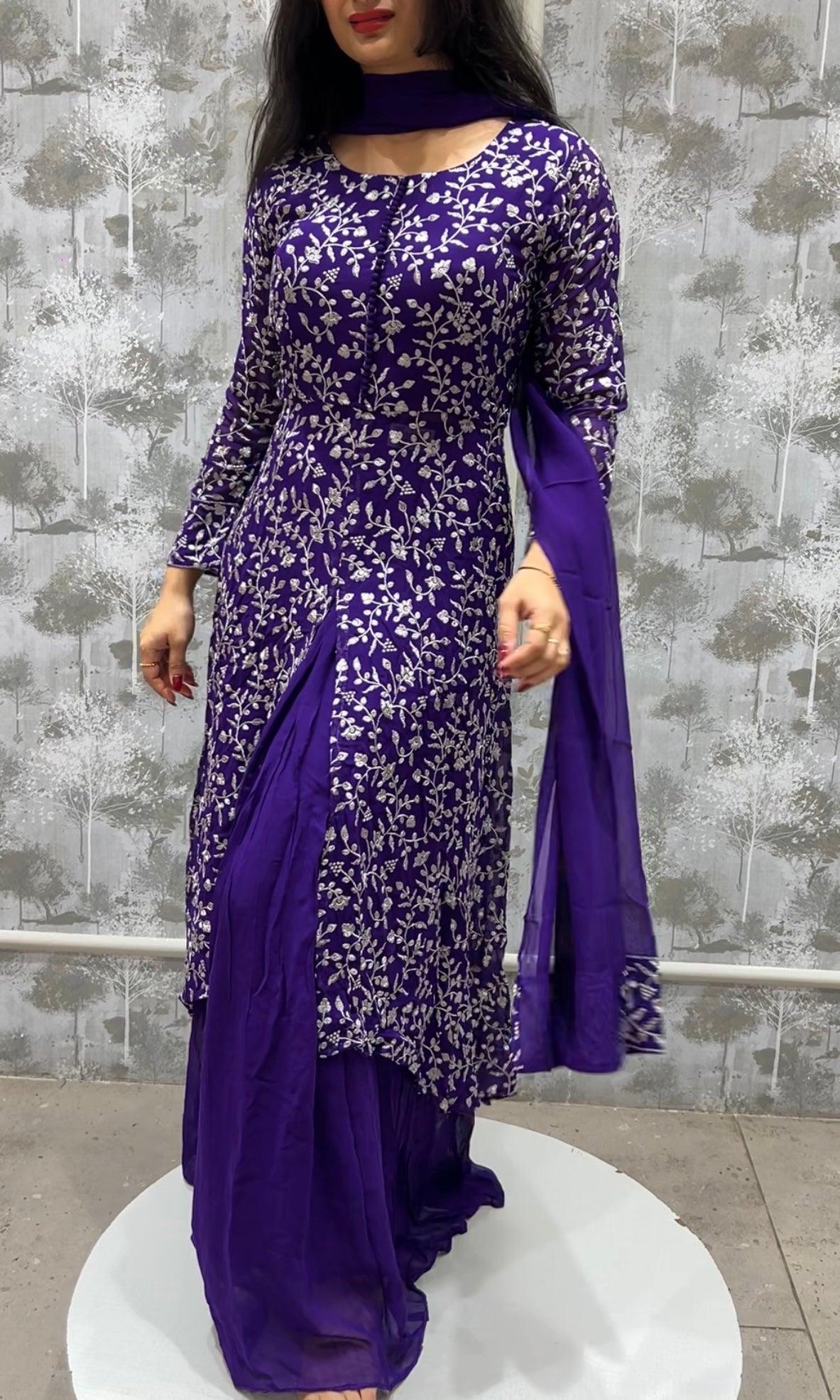 💜⚜️Purple palazzo set with thread floral embroidery violet long dress⚜️💜