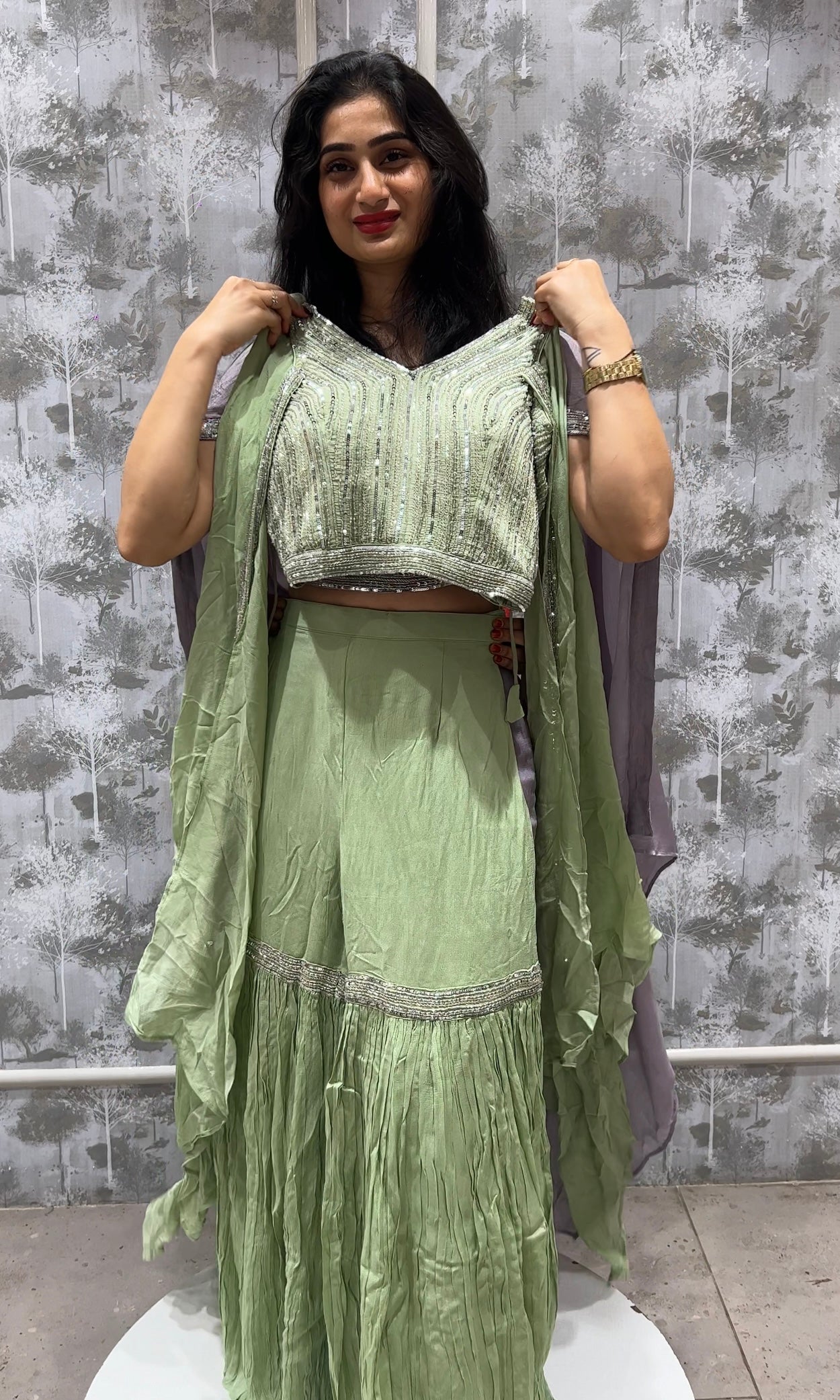 🫒Pastel green sharara set with long flared sleeves