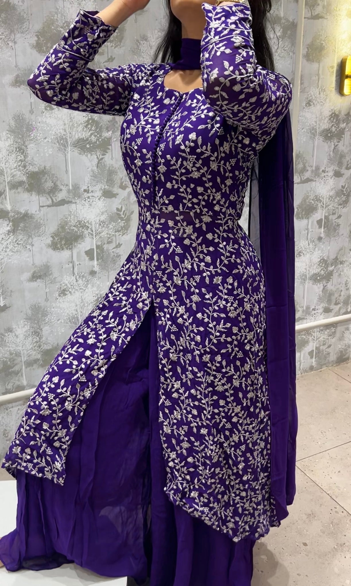 💜⚜️Purple palazzo set with thread floral embroidery violet long dress⚜️💜