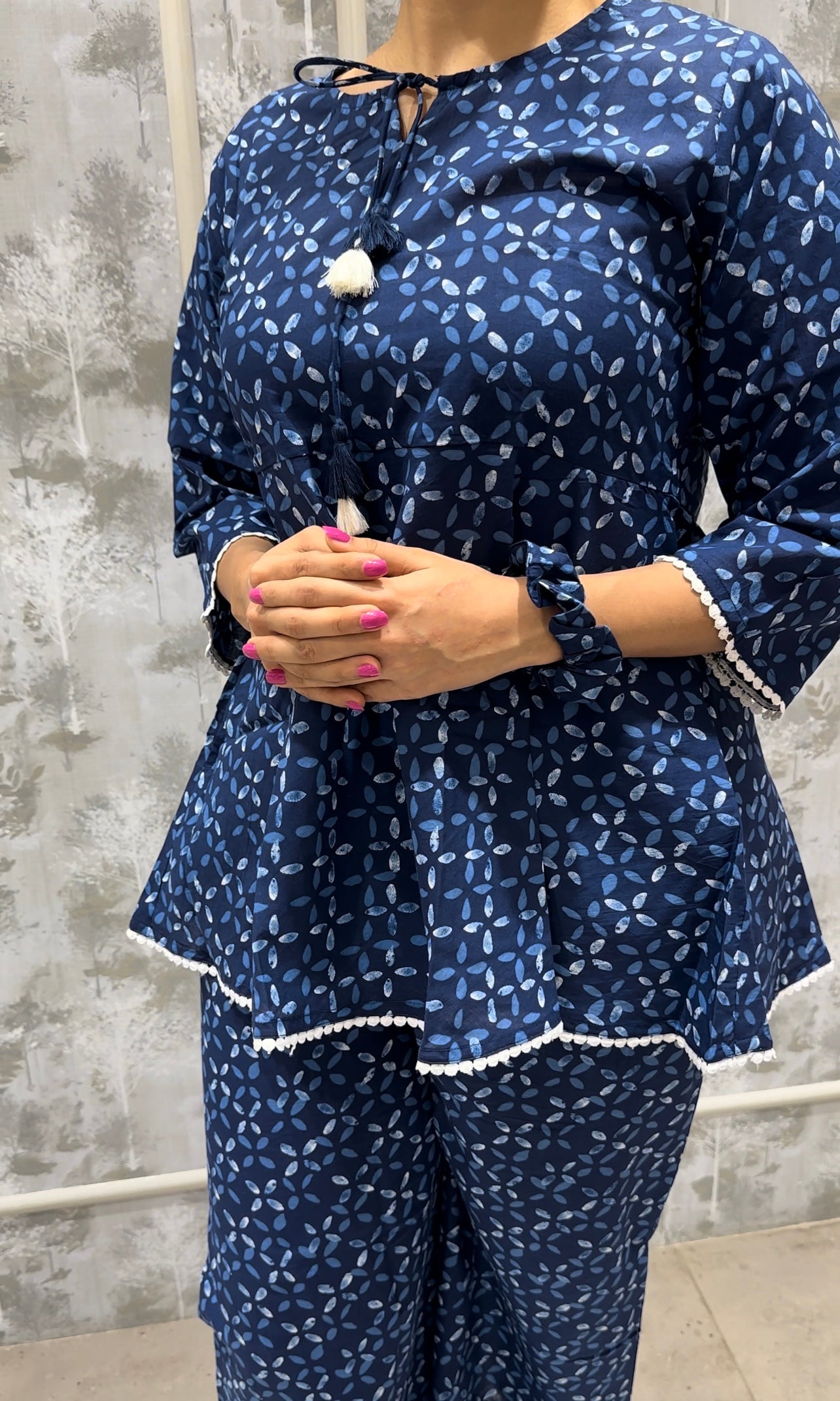 Blue Jaipuri print co-ord set , matching scrunchie and tote bag, palazzo set, kurta set,