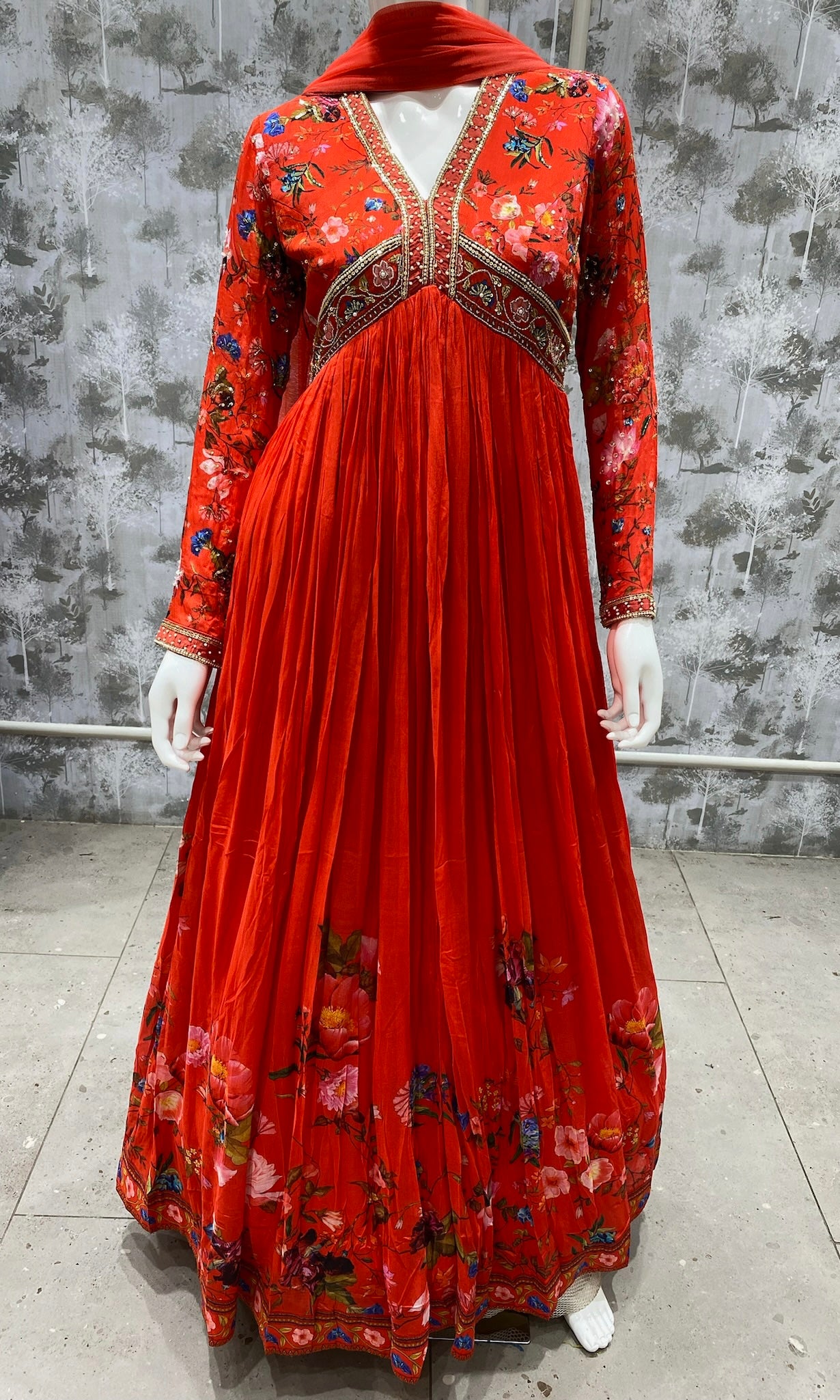 Buy Red Silk And Brocade Long Gown With Zari And 3D Floral