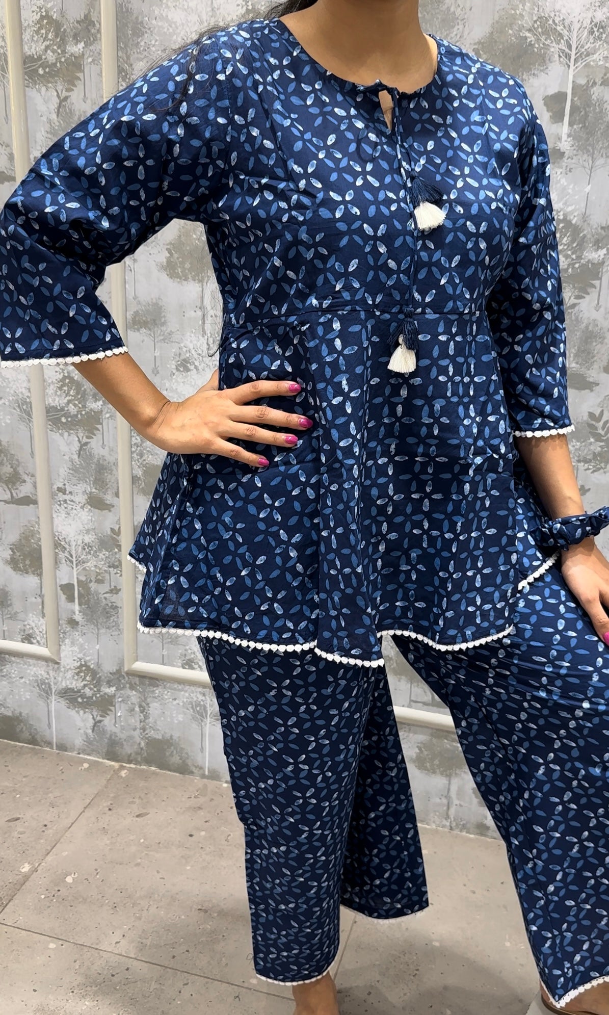 Blue Jaipuri print co-ord set , matching scrunchie and tote bag, palazzo set, kurta set,