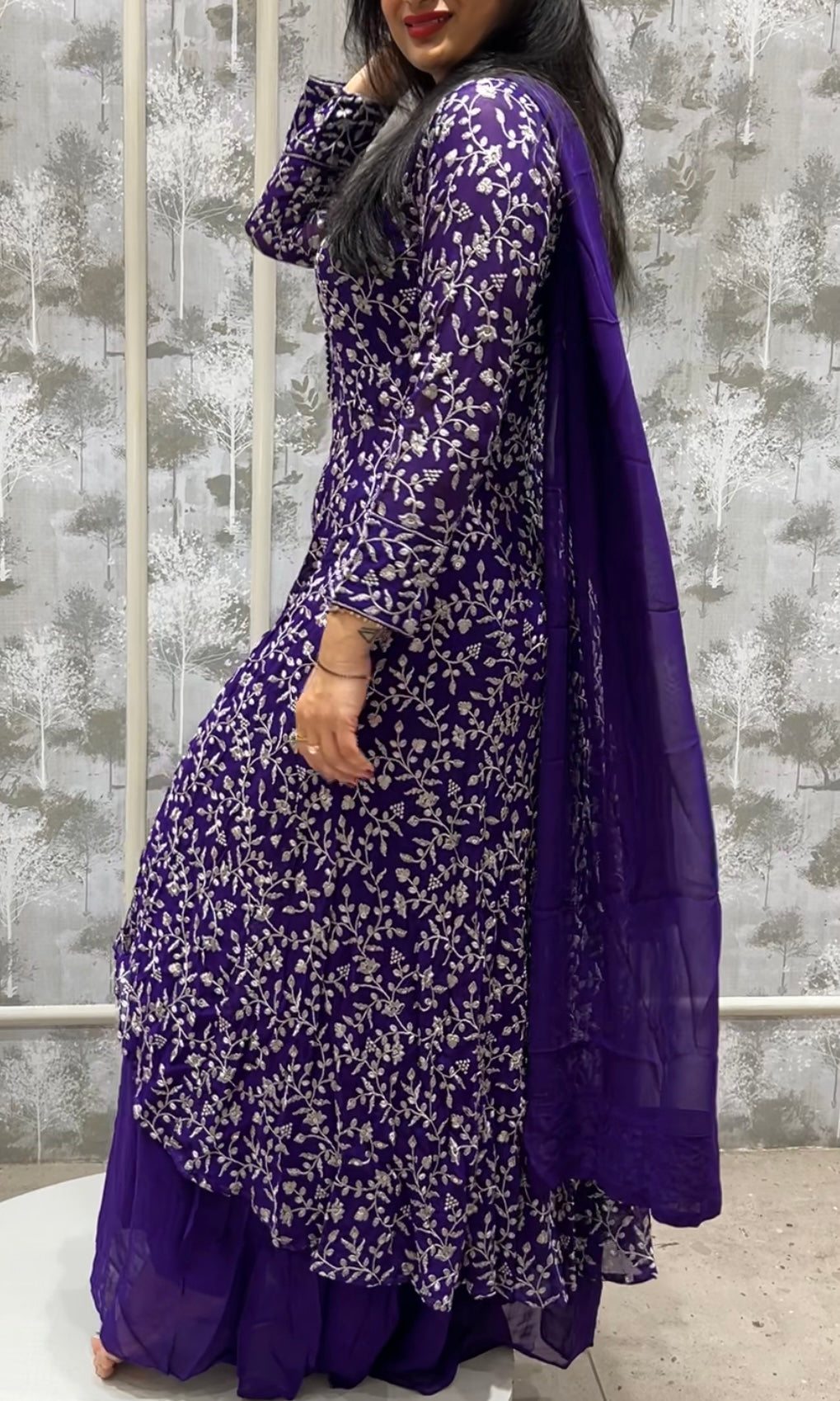 💜⚜️Purple palazzo set with thread floral embroidery violet long dress⚜️💜