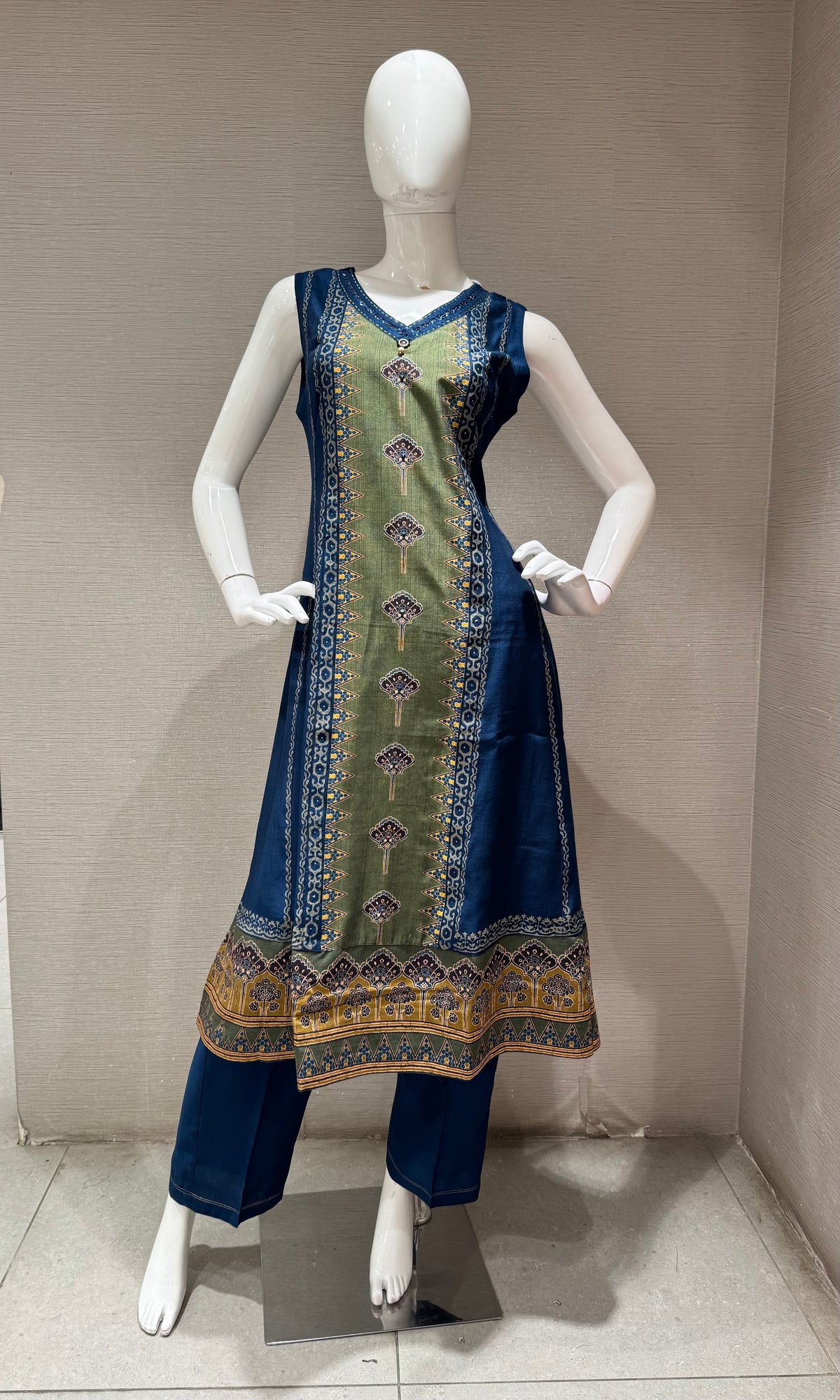 Blue & Olive Gold Accent kameez Kurti with bottom