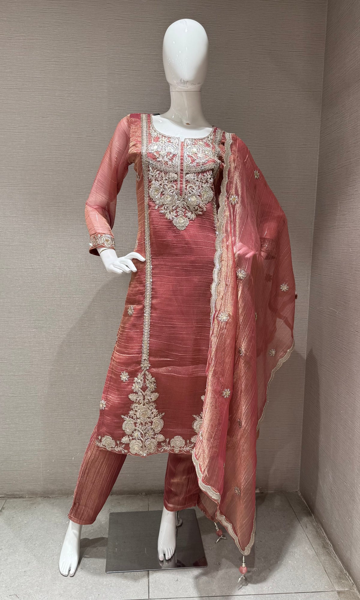 Rust Sheer Organza Salwar Kurta set with Dupatta